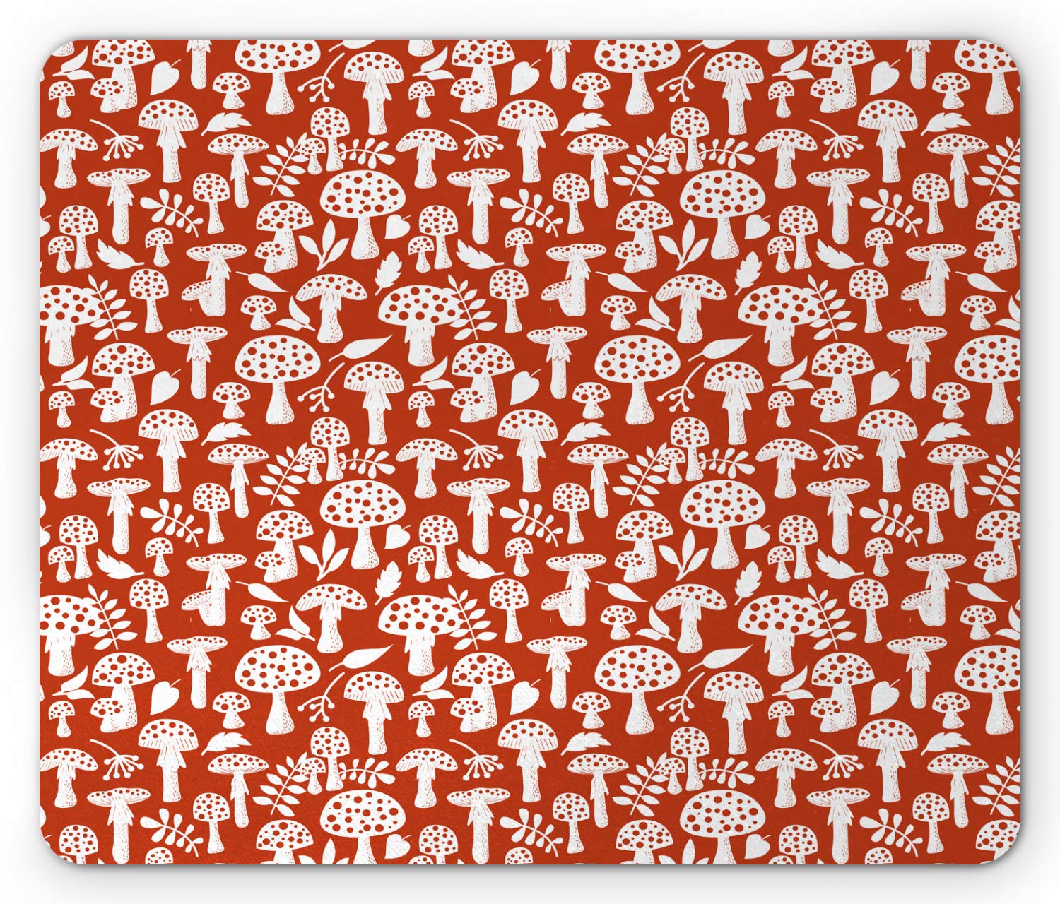 Ambesonne Mushroom Mouse Pad - Amanita Pattern with Leaves & Berries, Cartoon Style Non-Slip Rubber Mousepad, Standard Size (7.8