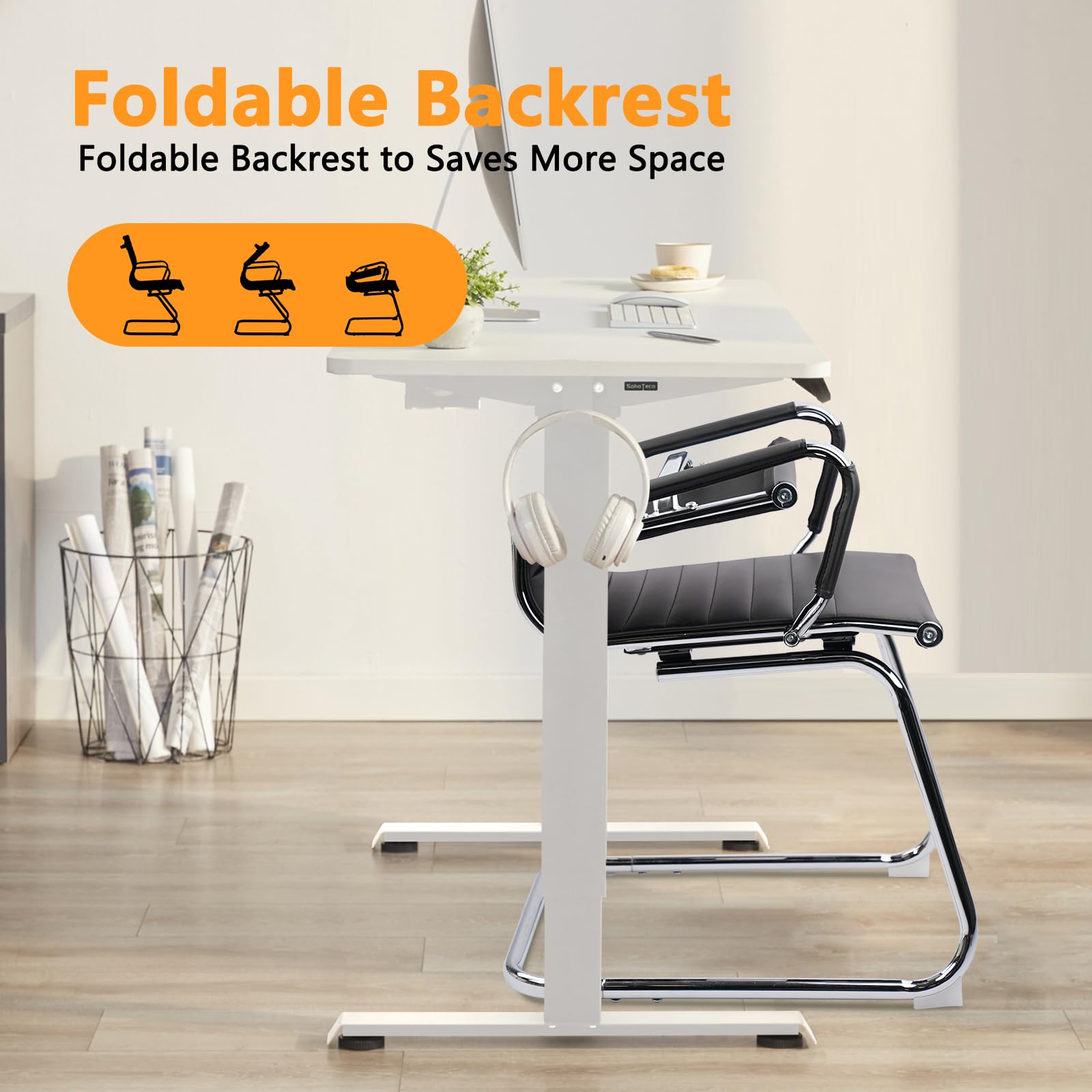 Premium Leather Office Guest Chair - Foldable Reception Chair with Sled Base, No Wheels - Perfect for Conference Rooms, Waiting Areas & Home Offices (Set of 1)