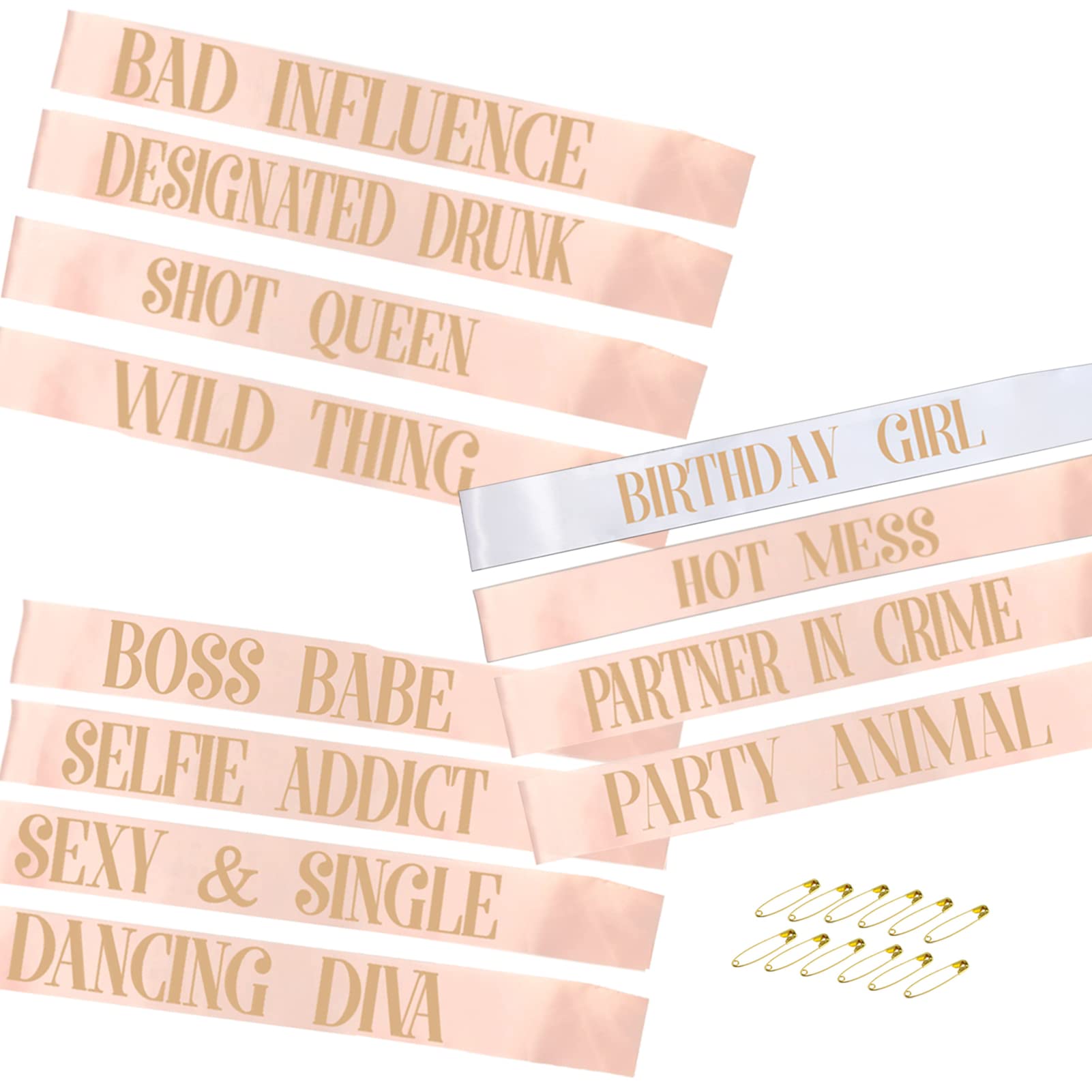 12Pcs Birthday Sashes for Women & Girls - 1 White & 11 Rose Gold Satin Party Sashes Set - Perfect for Birthday Party Decorations, Gifts & Favors - Great for Bachelorette Parties, Bridal Showers & Birthday Celebrations
