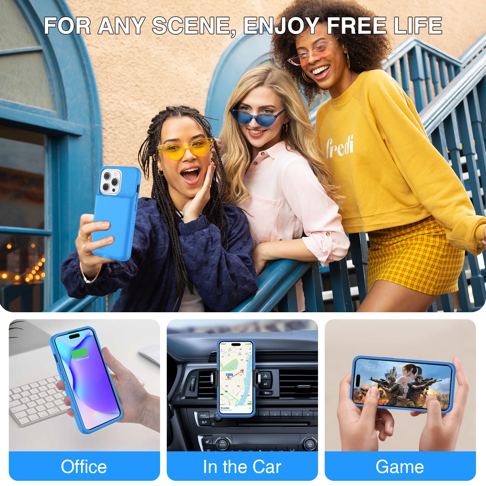 GIN FOXI 15W Wireless Charging Battery Case for iPhone 15 Pro Max/14 Pro Max/13 Pro Max/12 Pro Max - 18W Fast Input & 20W Output, Rechargeable Protective Cover with Anti-Fall Design - 6.7 Inch Blue Case | Perfect for Travel, Work & Outdoor Activities