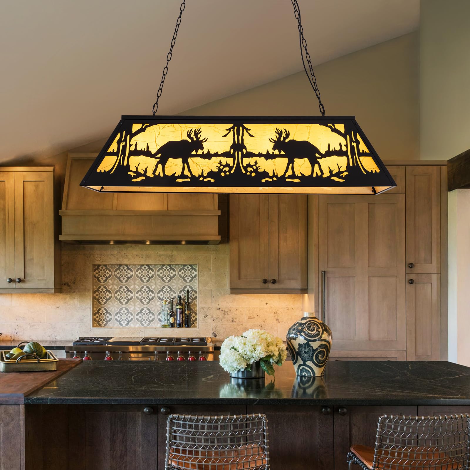 48-inch Tiffany Style Billiard Table Light - 4-Light Pool Table Chandelier for 7' & 8' Tables - Rustic Farmhouse Pendant Light for Game Rooms, Man Caves & Dining Areas - Perfect for Indoor Sports Bars, Basement Rec Rooms & Cabin Decor