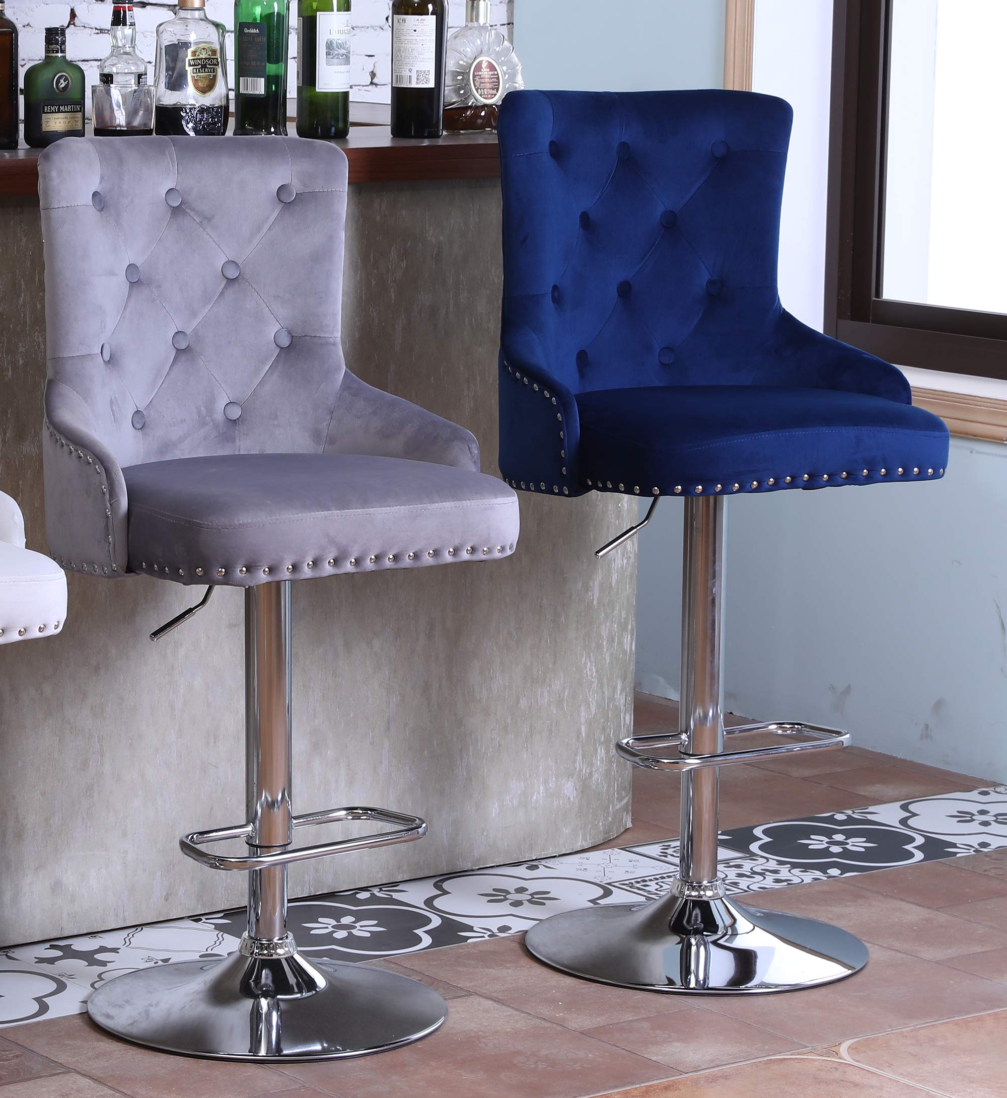 Swivel Bar Stools with Velvet Upholstery - Adjustable Height Counter Stools with Polished Chrome Metal Base - Set of 2 for Kitchen Island, Breakfast Bar & Home Decor (Gray) - Modern & Comfortable Seating for Dining & Entertaining
