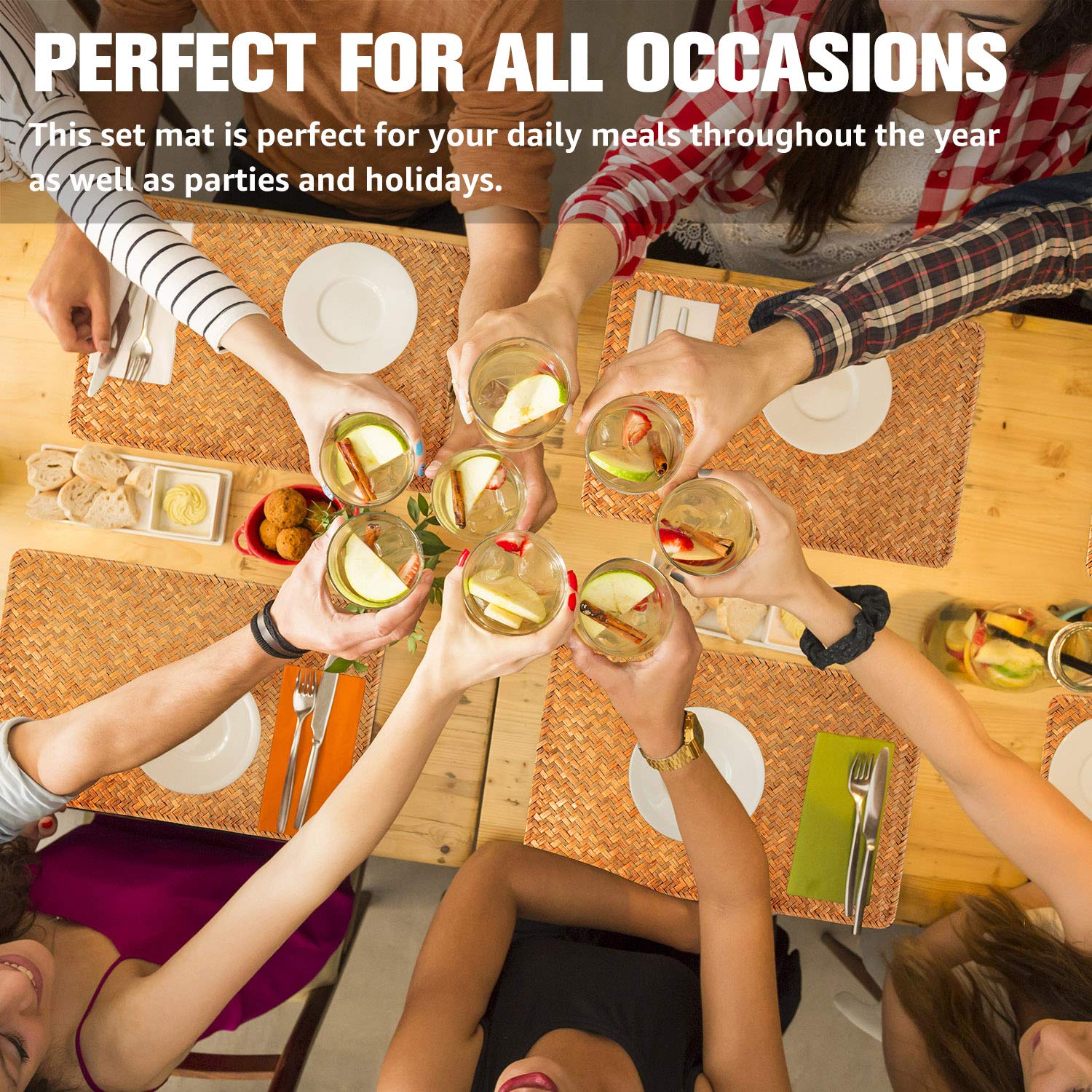 6-Piece Natural Woven Rattan Rectangular Placemats Set - Eco-Friendly Table Mats for Dining & Kitchen - Perfect for Dinner Parties, Holiday Decor & Home Styling