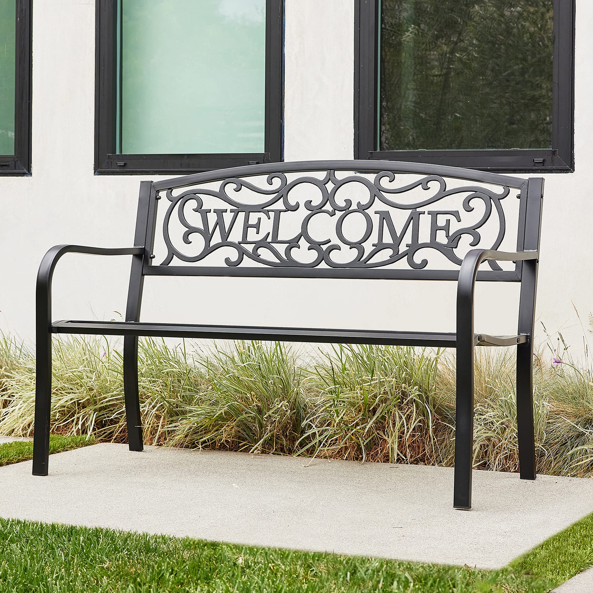 BELLEZE 50 Inch Outdoor Garden Bench, Cast Iron Metal Loveseat with Armrests - Antique Patio Furniture for Park, Yard, Porch, Lawn, Balcony & Backyard - Perfect for Relaxing in Gardens or Outdoor Entertaining (Black)