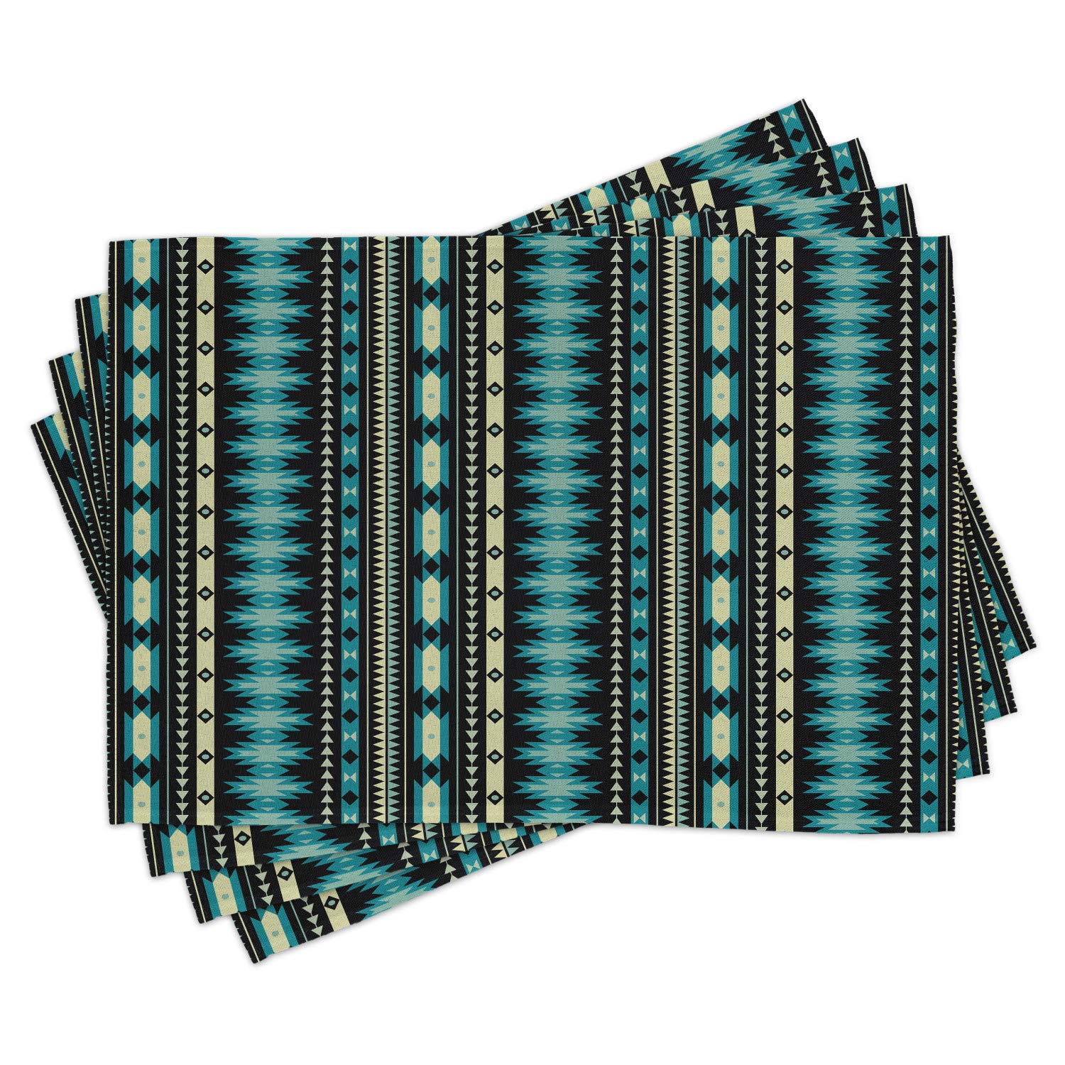 Lunarable Ethnic Place Mats Set of 4 - Antique Ikat Stripes Mayan Cultural Heritage Washable Fabric Placemats for Dining Room Kitchen Table Decor in Beige Blue Black - Perfect for Holiday Dinners, Family Gatherings & Cultural Home Decor