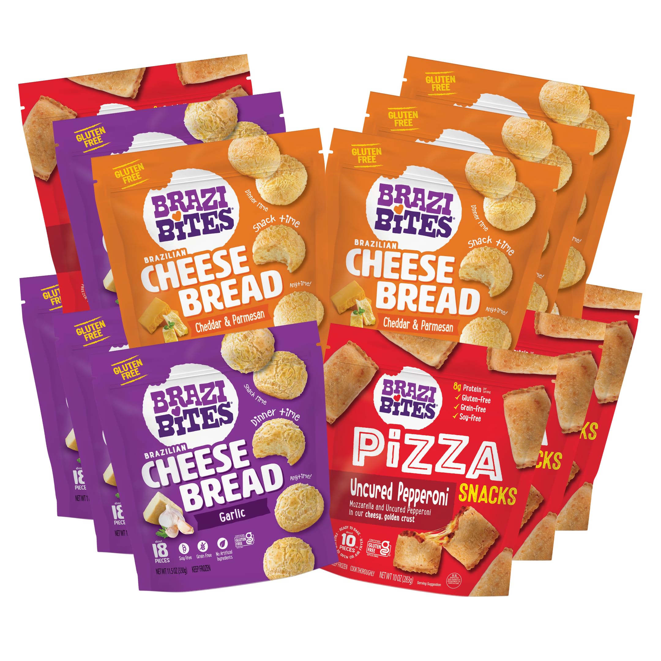 Brazi Bites Variety Pack - Gluten Free Brazilian Cheese Bread & Pizza Bites | Healthy Frozen Snacks for Kids & Adults | Grain-Free, Soy-Free, No Artificial Ingredients | Perfect for Parties, School Lunches & Quick Snacks (12-Pack)