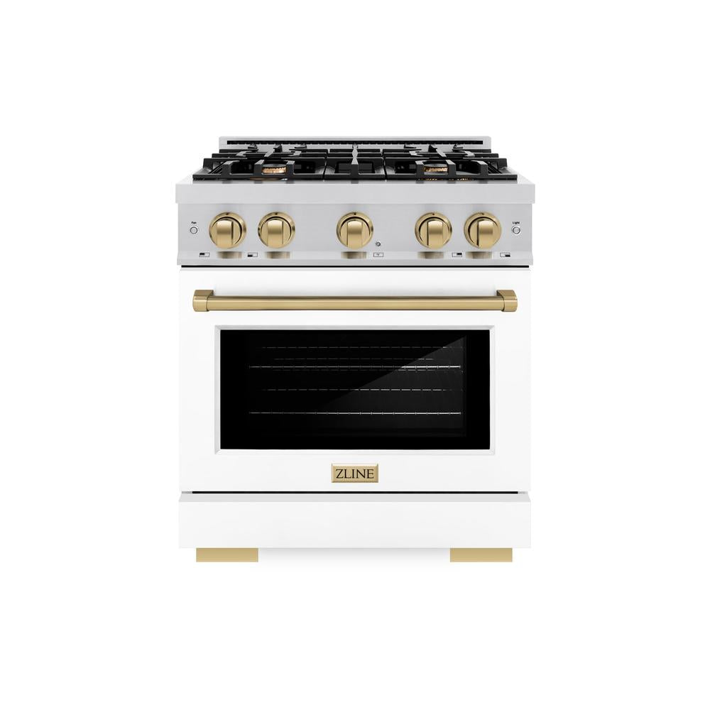 ZLINE Autograph Edition 30-inch 4.2 cu. ft. Gas Range with 4 Burner Cooktop & Convection Oven - Stainless Steel with White Matte Door & Champagne Bronze Accents (HGRZ WM 30 CB) - Perfect for Modern Kitchens & Professional Cooking