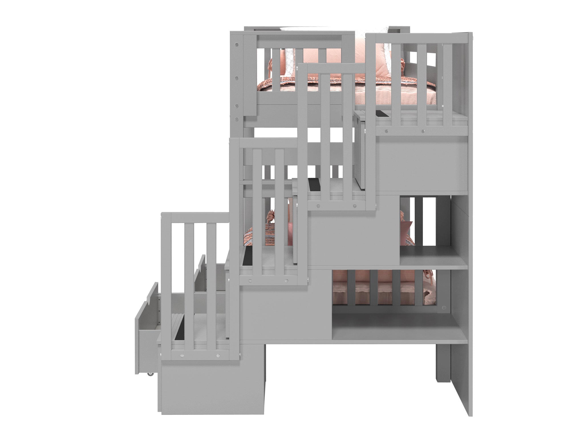Twin Over Twin Bunk Bed with Stairway and Storage Drawers, Gray - Space-Saving Kids Bedroom Furniture for Small Rooms, Dorms, and Shared Bedrooms