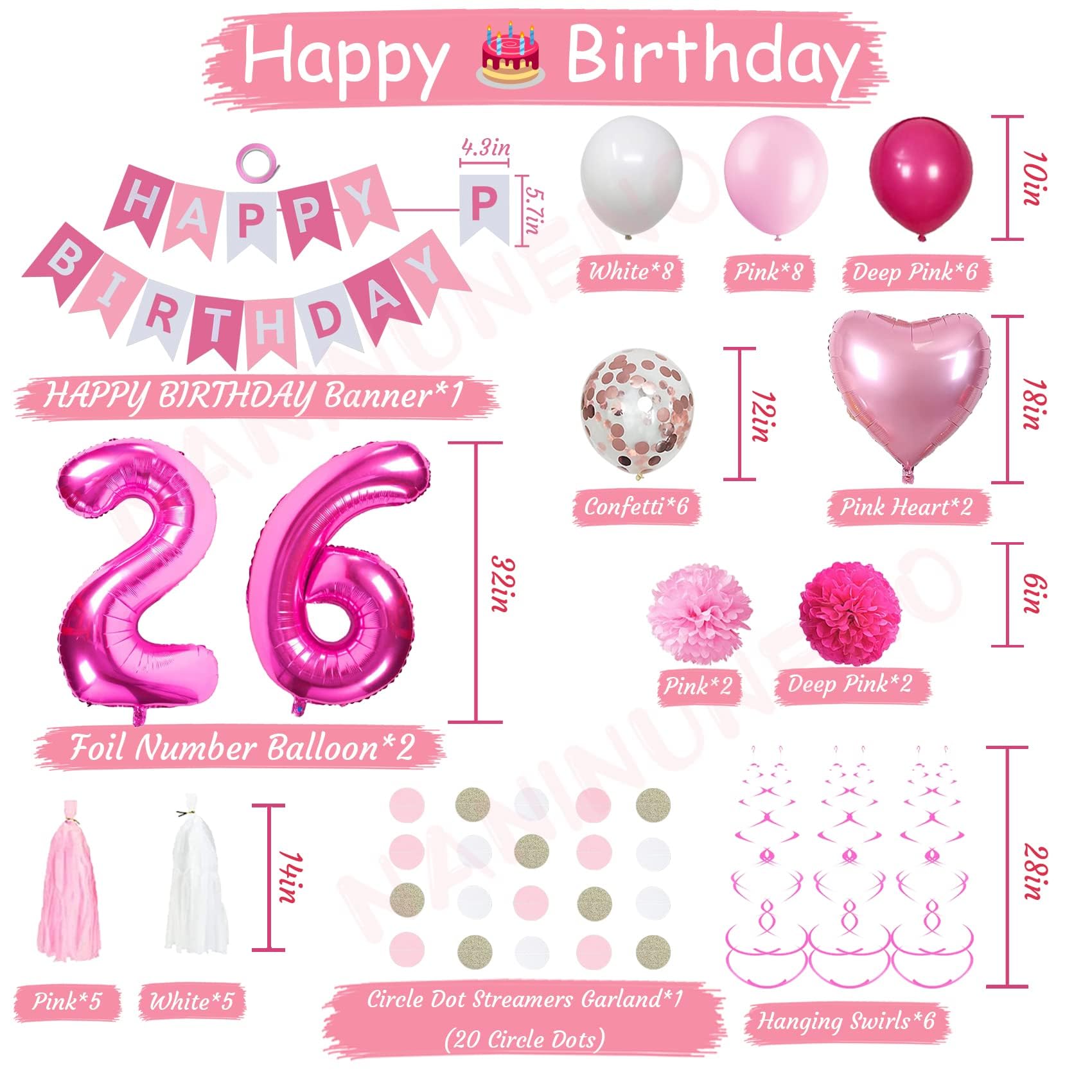 26th Birthday Decorations for Women - Pink & White Balloons, Banner & Party Supplies | Sweet 26 Birthday Gifts for Girlfriend, Wife | Perfect for Birthday Parties, Surprise Celebrations & Milestone Events