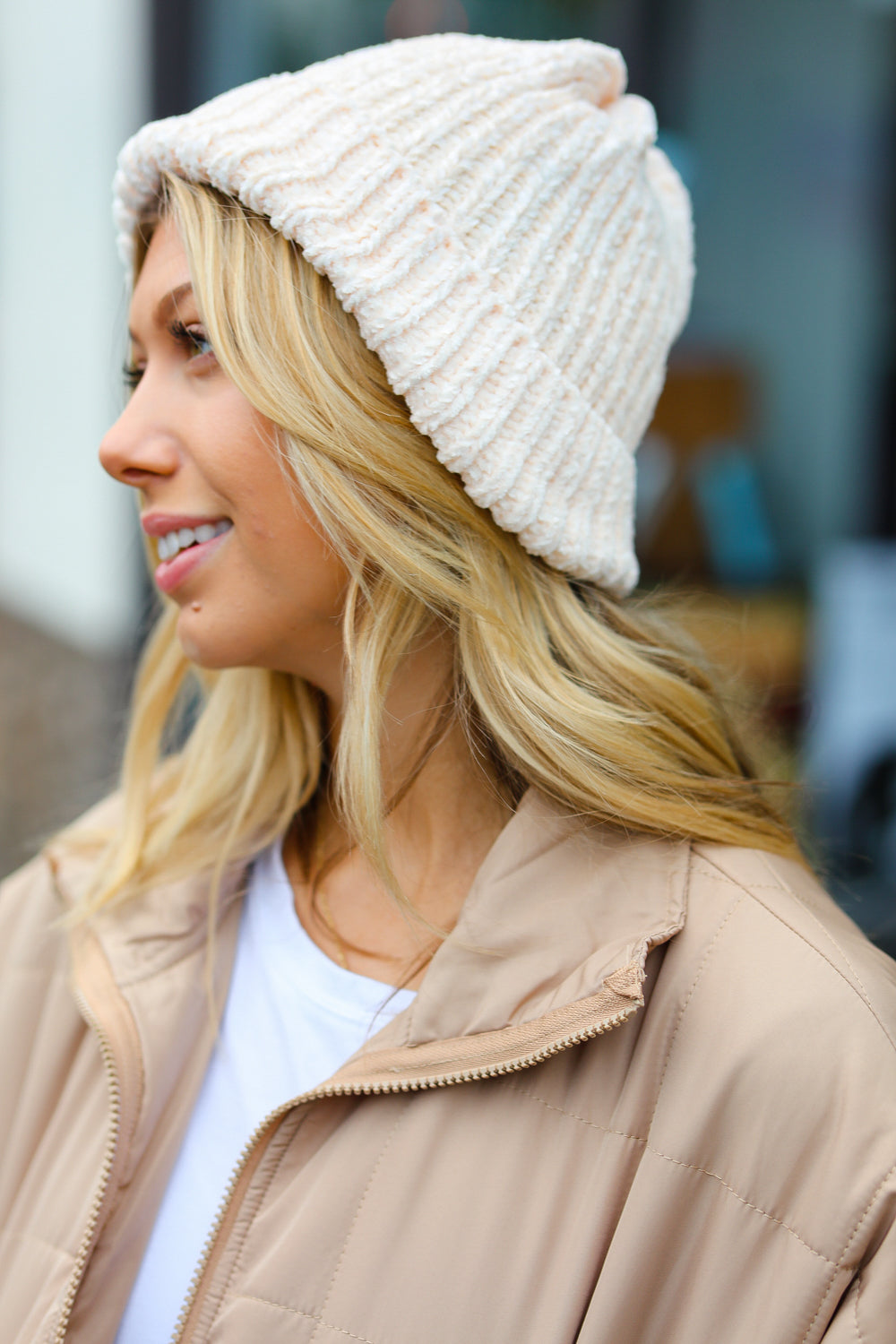 Soft Cream Knit Velvet Chenille Fold Over Beanie for Women - Winter Warm Slouchy Hat for Outdoor Activities, Skiing & Casual Wear