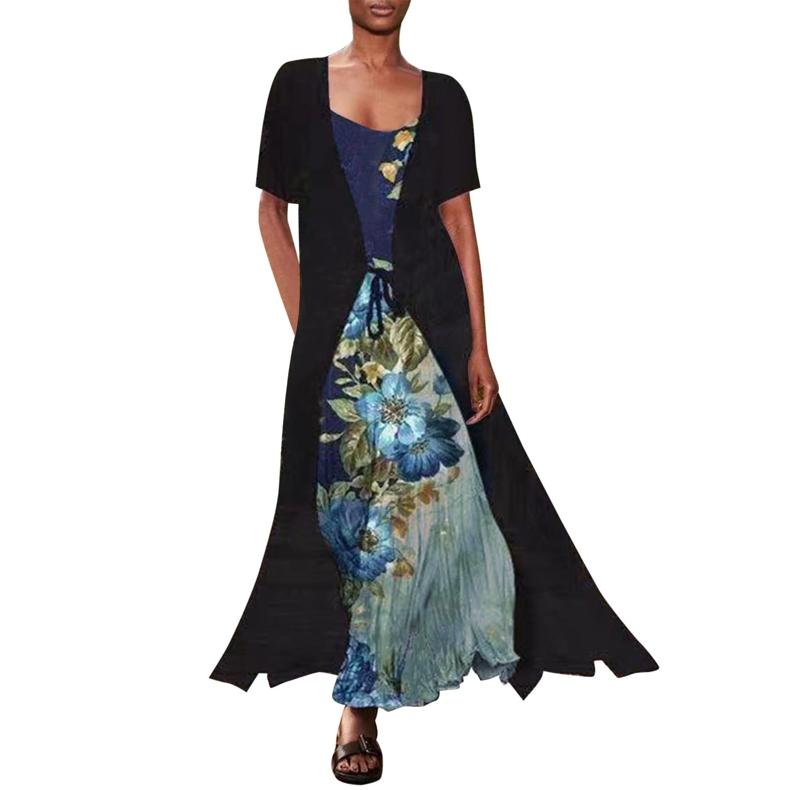 Women's Summer Casual Dress with Sling, Round Neck & Belt - Short Sleeve Tulle Cardigan for Beach, Party & Everyday Wear
