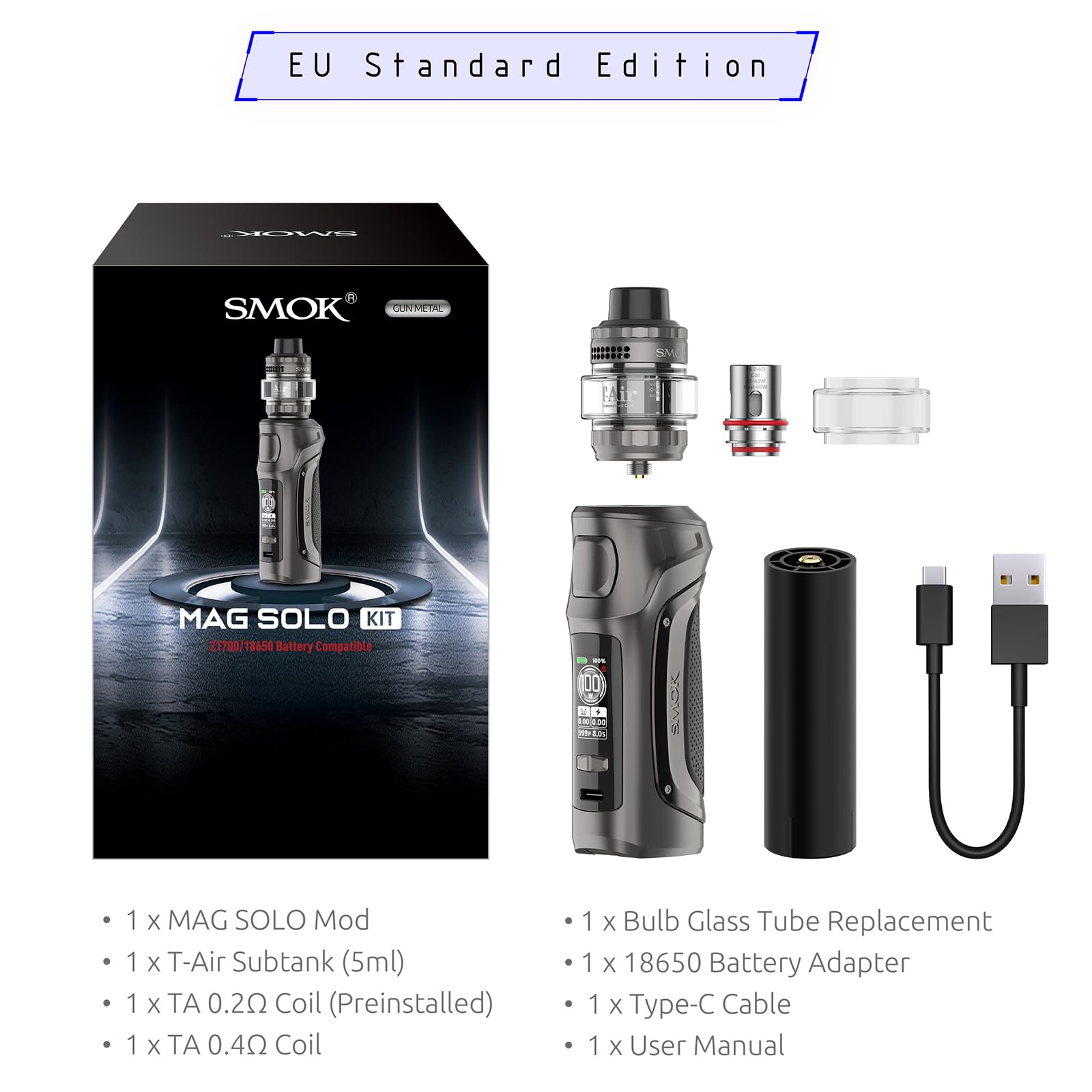 SMOK Mag Solo 100W Vape Kit - External Battery (21700/18650 Not Included) - 5ml T-Air SubTank with Top Airflow & Top Fill - Waterproof Design - 0.96