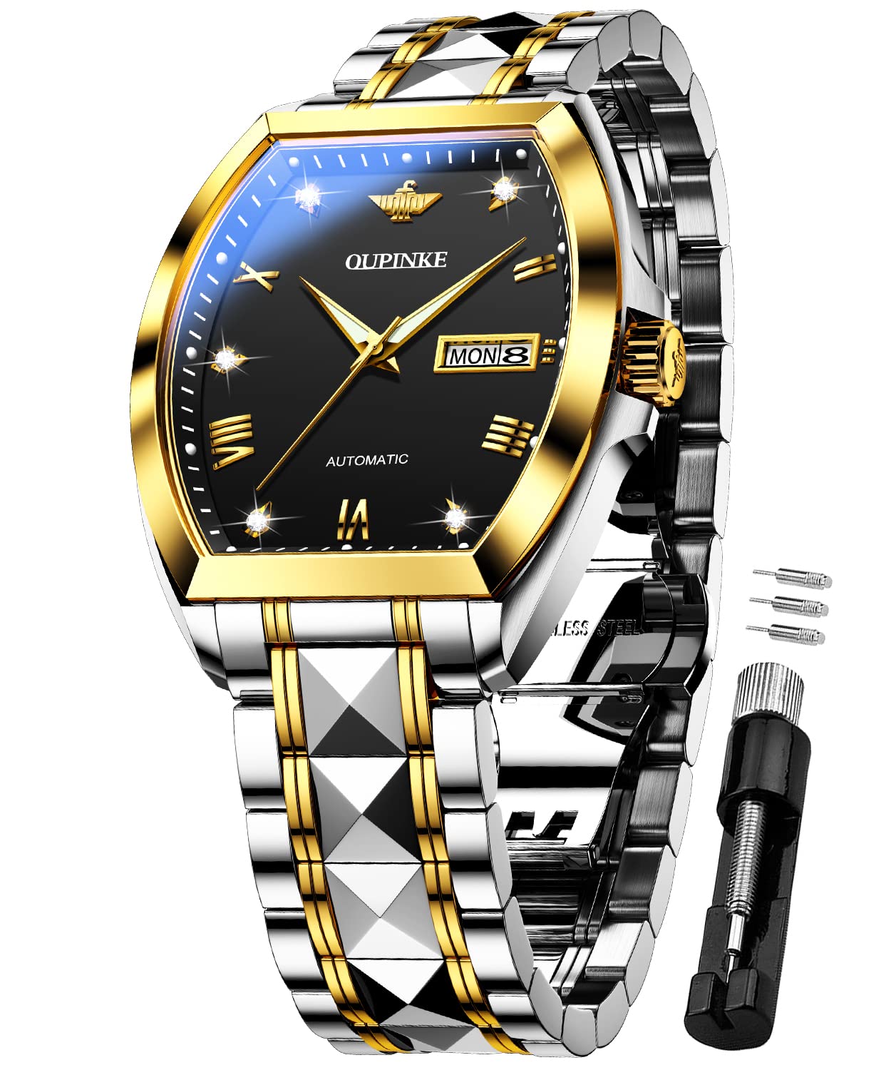 Luxury Men's Automatic Watch - Diamond Tonneau Self-Winding Mechanical Wristwatch with Tungsten Steel Band, Waterproof & Dual Date Display | Perfect Dress Watch for Business, Formal Events & Gifts