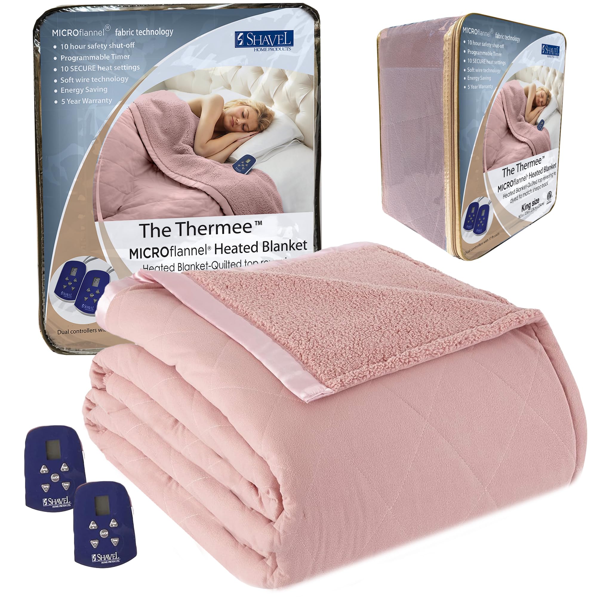 Thermee Micro Flannel Heated Blanket with Sherpa Back - King Size Electric Blanket with 10 Heat Settings, Programmable Fast Heating & Ultra-Soft Thermal Throw - Perfect for Winter Nights, Bedroom Comfort & Cozy Living Room Relaxation - Blush