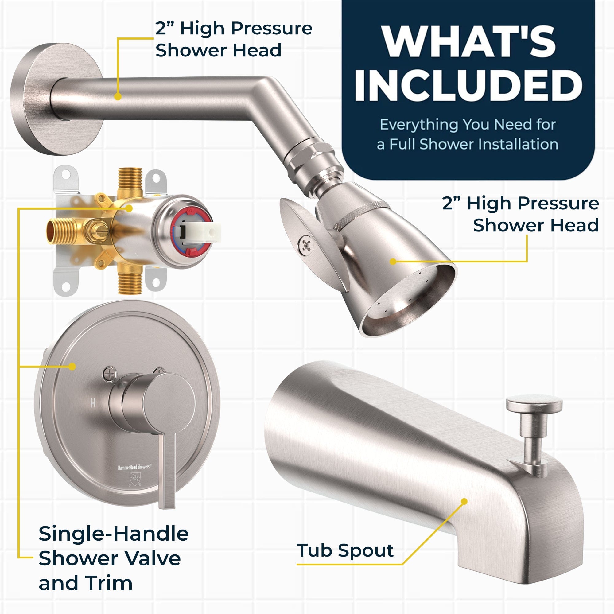 Premium All-Metal 2 Inch High Pressure Shower Head Set - Complete Bathroom Shower System with Tub Spout & Valve Trim, 2.5 GPM - Perfect for Luxurious Spa-Like Experience at Home