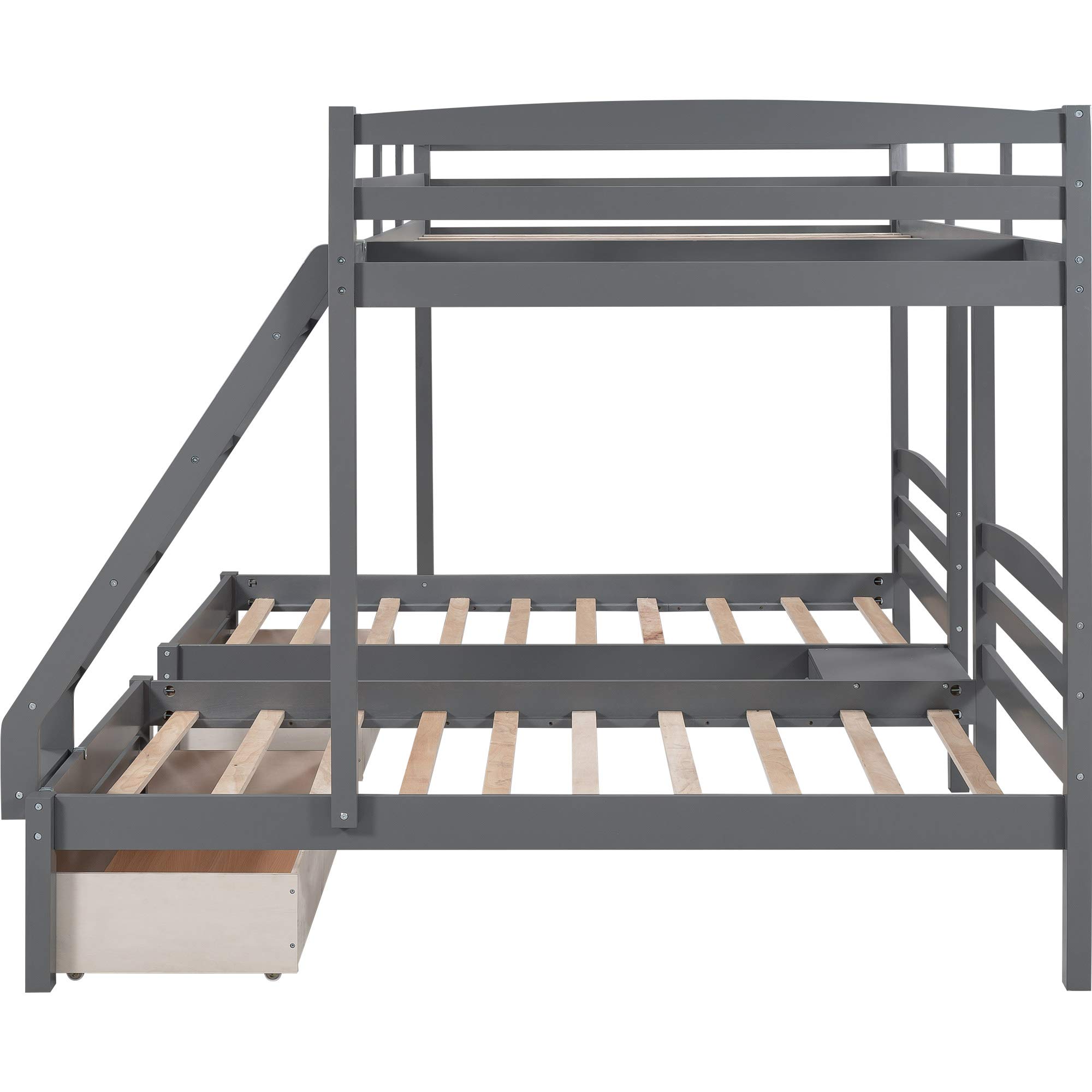 SOFTSEA Full Over Twin & Twin L-Shaped Triple Bunk Bed - 3 Beds in 1 Space-Saving Solution for Kids, Teens & Adults (Grey with Drawers) - Perfect for Small Bedrooms, Guest Rooms & Vacation Homes