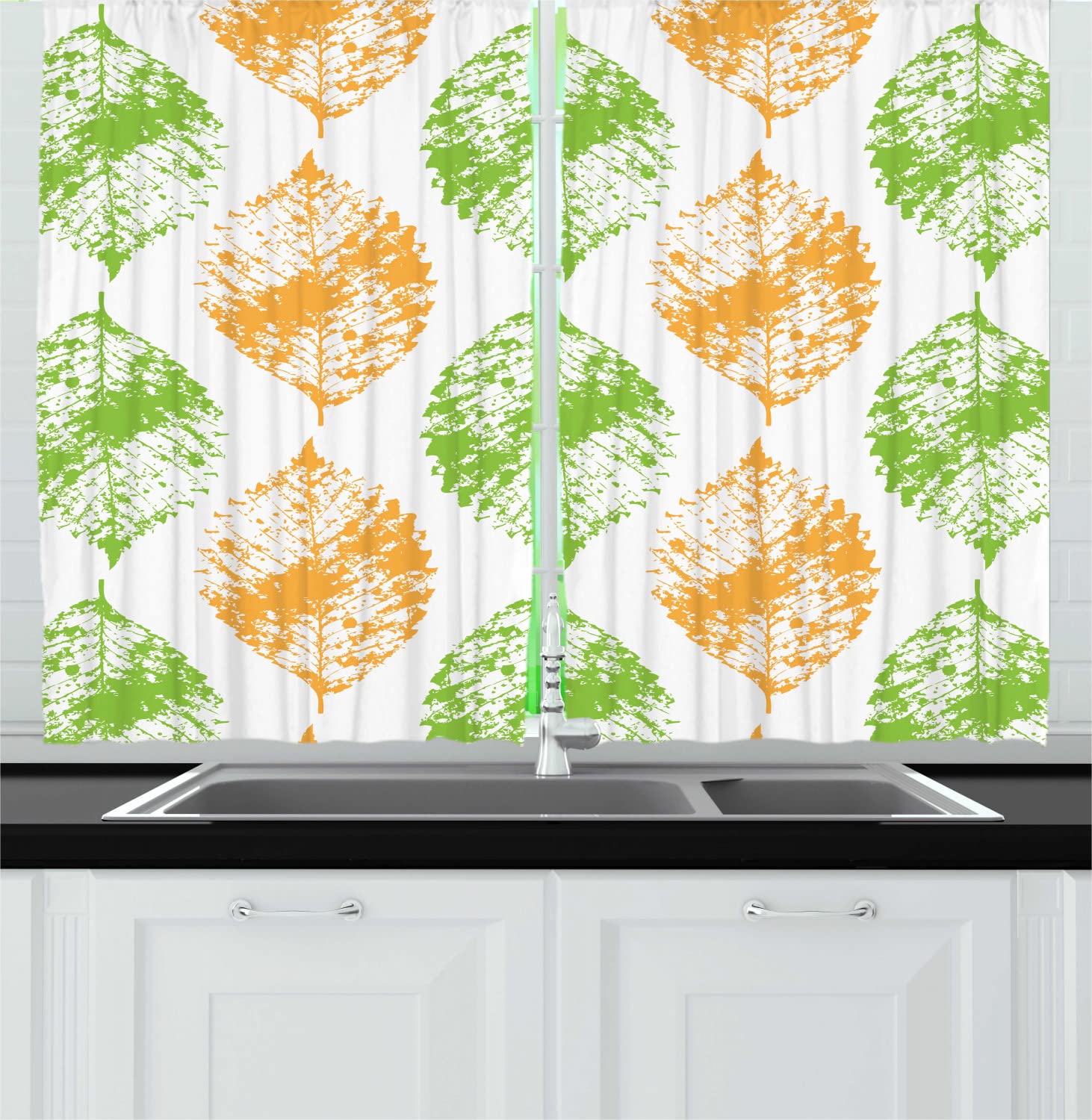 Ambesonne Leaf Print Kitchen Curtains - Minimalist Grunge Art with Intricate Leaf Motifs, 2 Panel Rod Pocket Drapes, 55