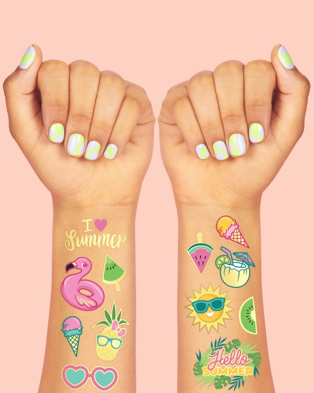 Fetti Summer Pool Party Temporary Tattoos for Kids - Glitter Waterproof Fake Tattoos | Tropical Themed Birthday Party Supplies, Beach Party Favors & Summer Decorations | Perfect for Pool Parties, Beach Vacations & Kids Birthday Celebrations