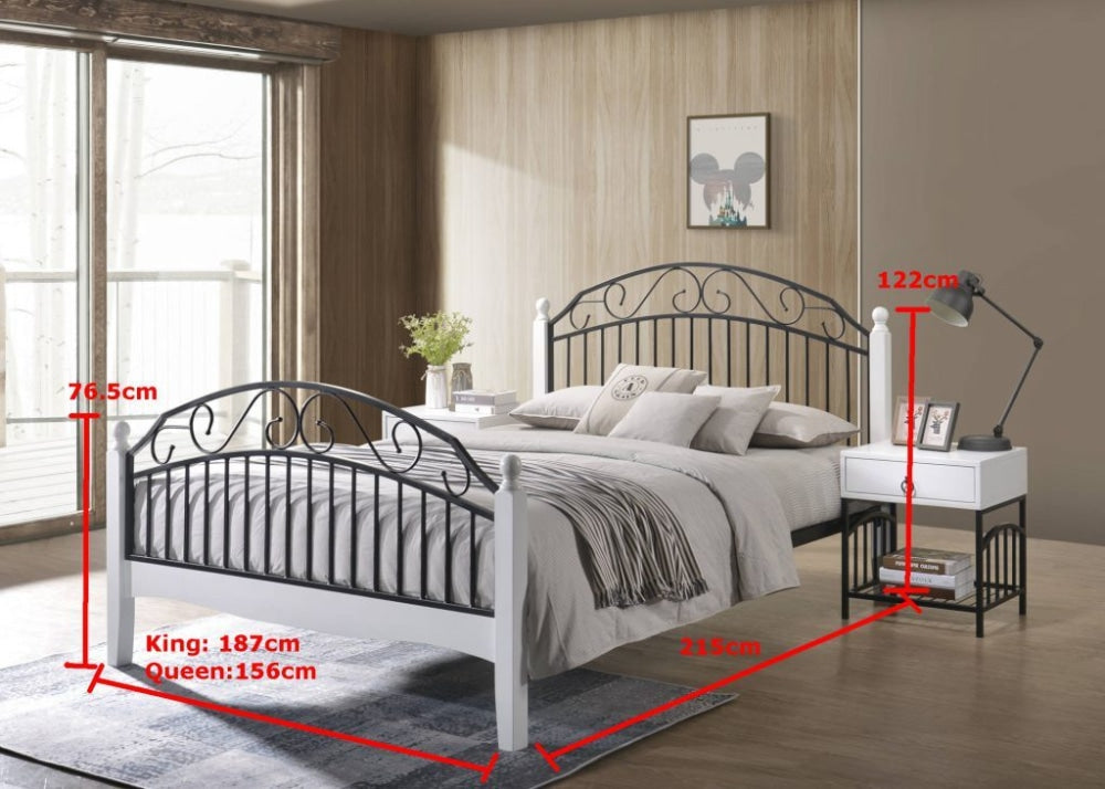 Ashley King Size Bed Frame - Black Metal Platform Bed with White Finish | Sturdy & Modern Design for Bedroom, Guest Room, or Master Suite