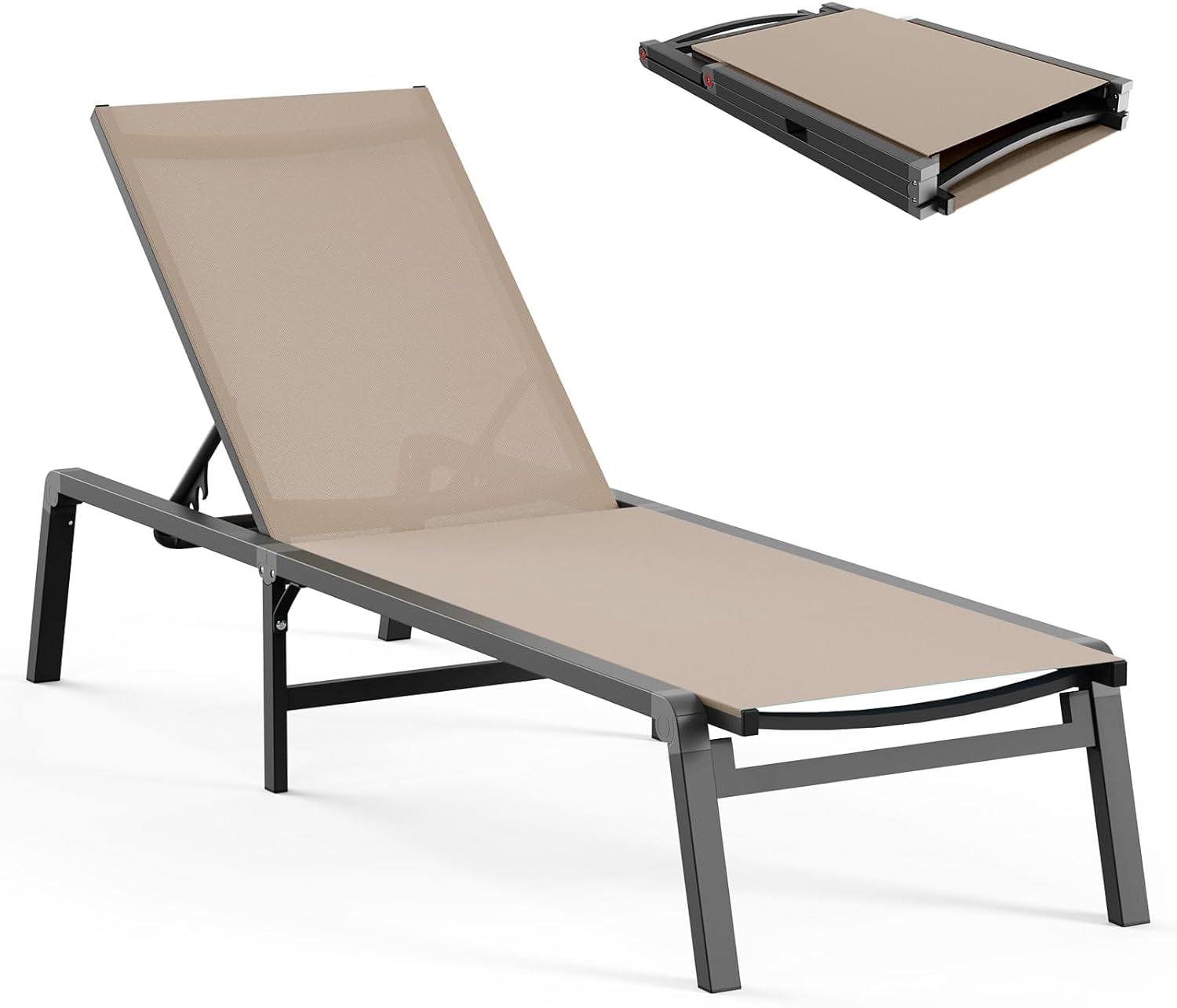 Premium Foldable Outdoor Lounge Chair - 0-60° Adjustable Backrest, No Assembly Tanning Chaise - Lightweight Stainless Aluminum Frame for Patio, Poolside & Beach Relaxation (Khaki) | Perfect for Sunbathing, Backyard Lounging & Vacation Getaways