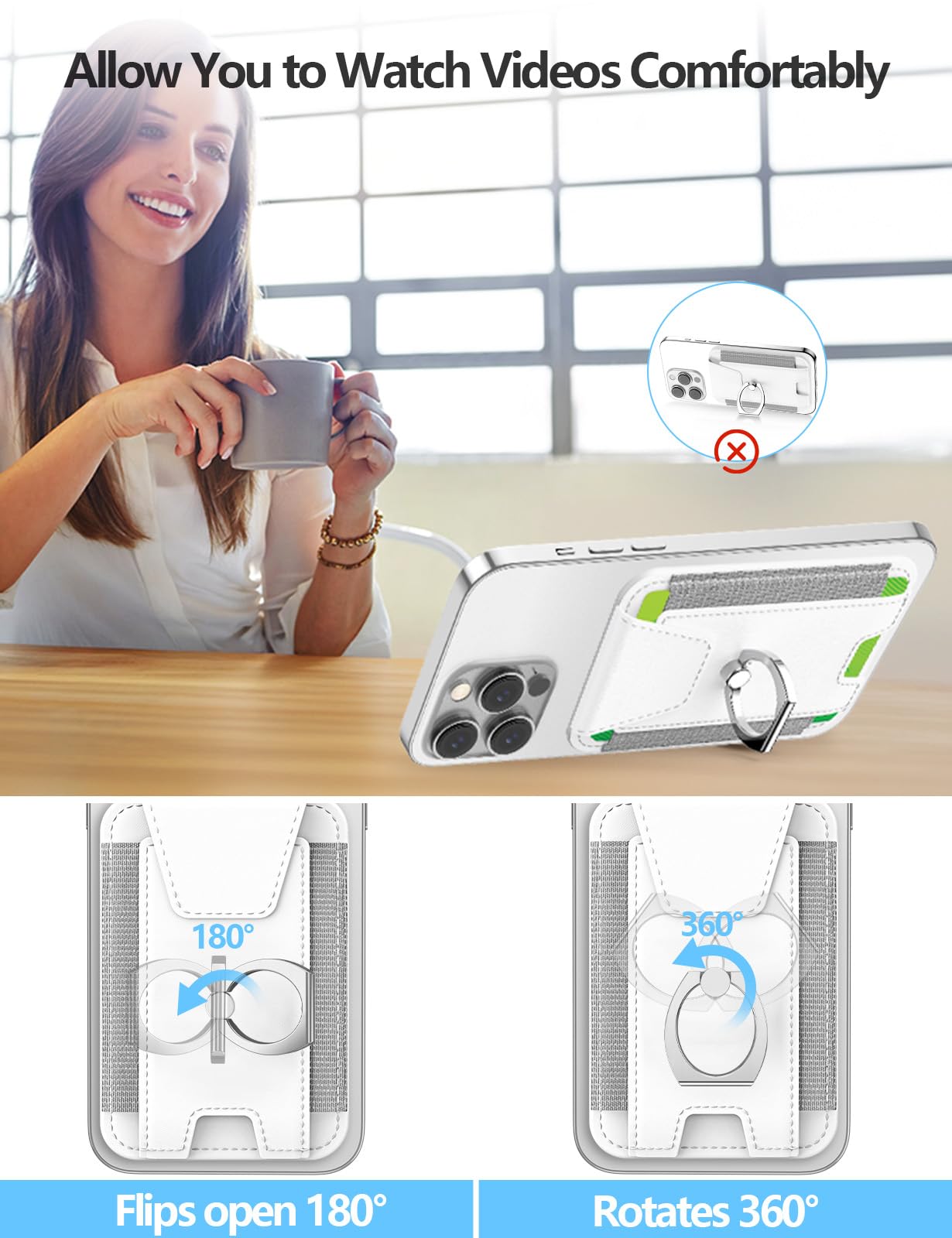 Magnetic Leather Wallet for iPhone 16/15/14/13/12 Series - 6 Card Holder with Grip & RFID Blocking - Secure Magsafe Wallet with Privacy Flap (White) | Perfect for Everyday Carry, Travel & Contactless Payments