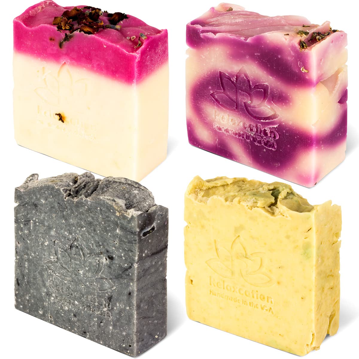 Relaxation 4-Pack Natural Cold Process Soap Bars - Shea Butter Lavender, Kaolin Clay Rose, Olive & Charcoal for Sensitive Skin | Handmade Organic Soap Gift Set for Bath, Shower & Spa Relaxation