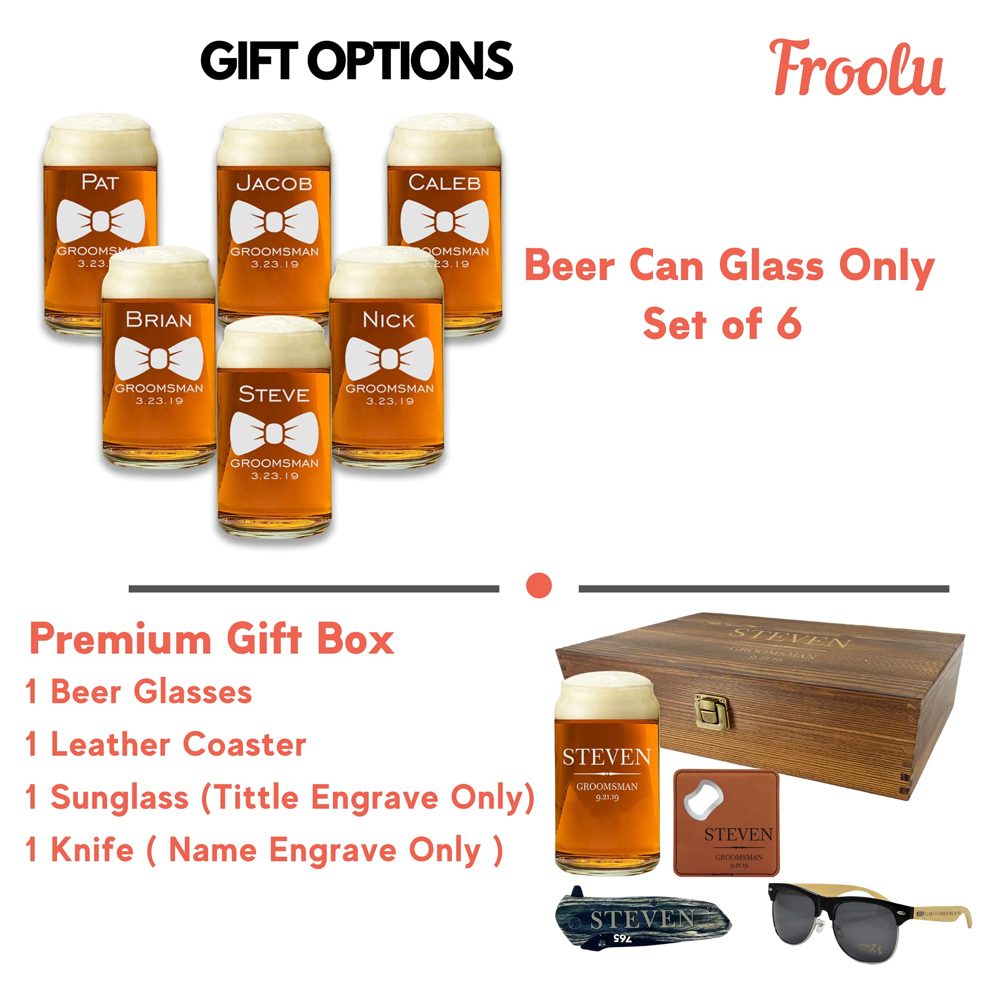 Personalized Beer Can Glasses Set of 6 - Custom Engraved Groomsmen Gift for Weddings - 9 Premium Design Options - Perfect for Bachelor Parties, Anniversary Gifts & Man Cave Decor