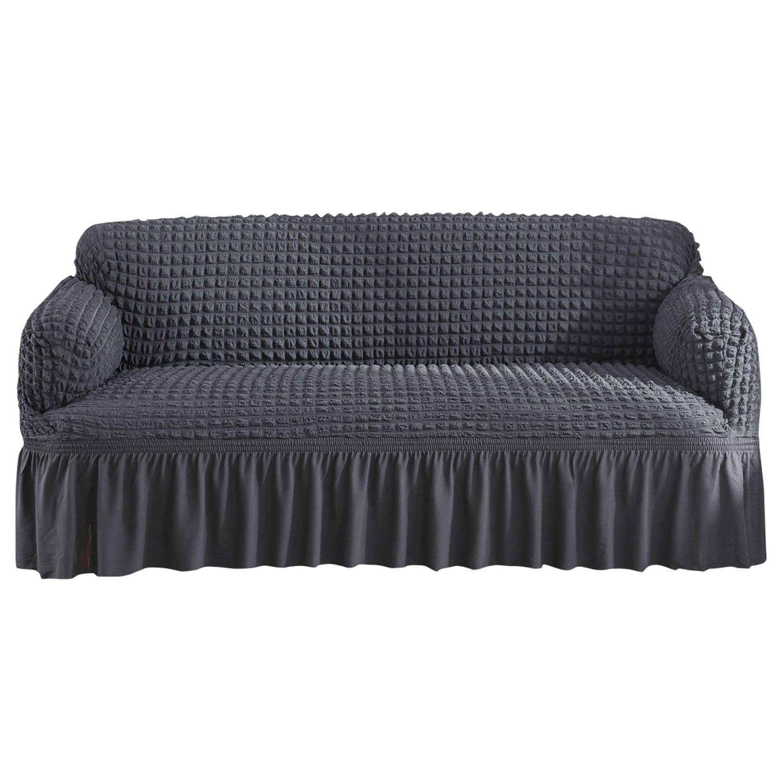 ZHFEL Universal Stretch Sofa Slipcover - 1-Piece Anti-Slip Couch Cover with Skirt, Seersucker Fabric Furniture Protector for 1/2/3/4 Seater Sofas (190-230cm) - Dark Gray - Perfect for Living Room, Bedroom, and Office Decor
