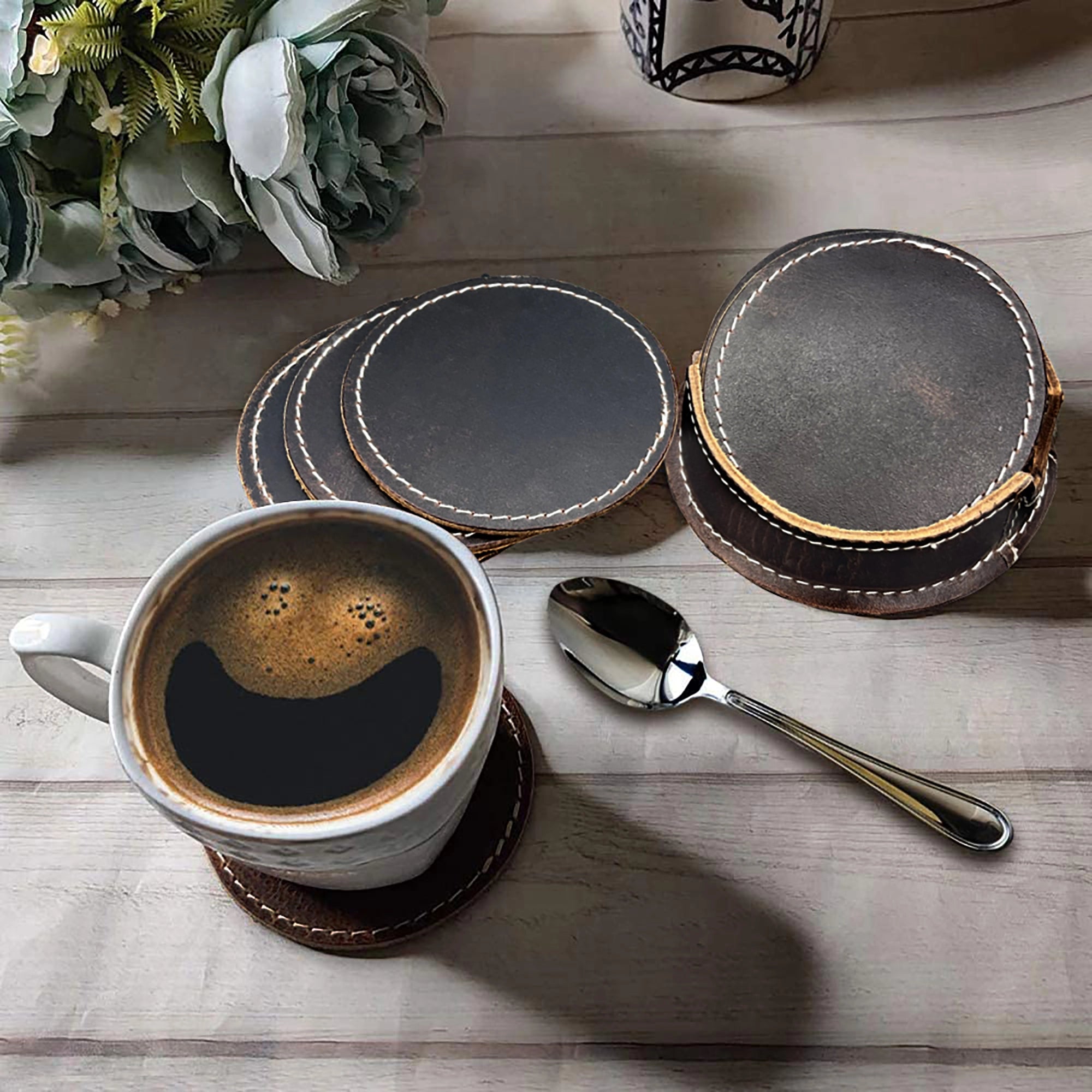 Premium Handmade Leather Drink Coasters Set - Absorbent & Durable Cup Coasters for Coffee, Wine & Beer - Perfect for Home, Office & Bar Decor