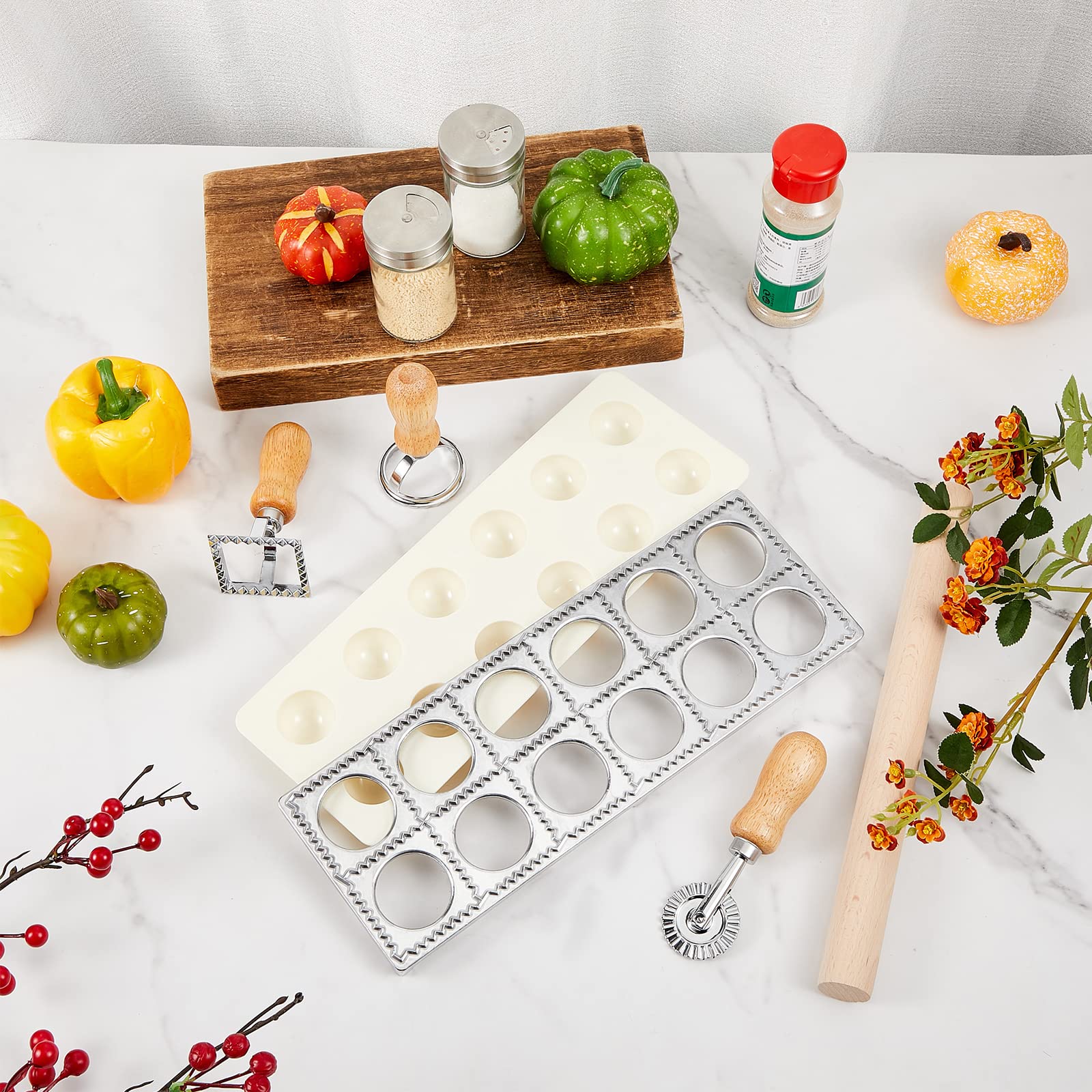5-Piece Ravioli Mold Set with 12-Hole Press, 3 Pasta Cutters & Wooden Rolling Pin - Complete Pasta Making Kit for Homemade Ravioli, Dumplings & Pelmeni - Perfect Kitchen Gift for Italian Cooking & DIY Pasta Lovers