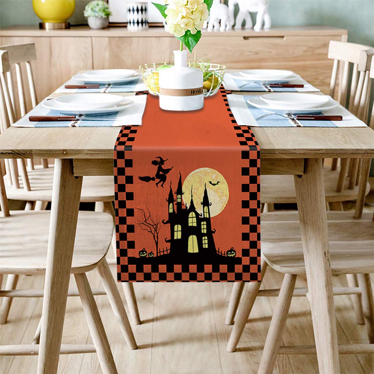 Halloween Castle Pumpkin Table Runner - 90 Inch Long Washable Orange Plaid Tablecloth for Round, Kitchen, Coffee, Dining & End Tables - Perfect for Halloween Decor, Thanksgiving & Fall Home Decor