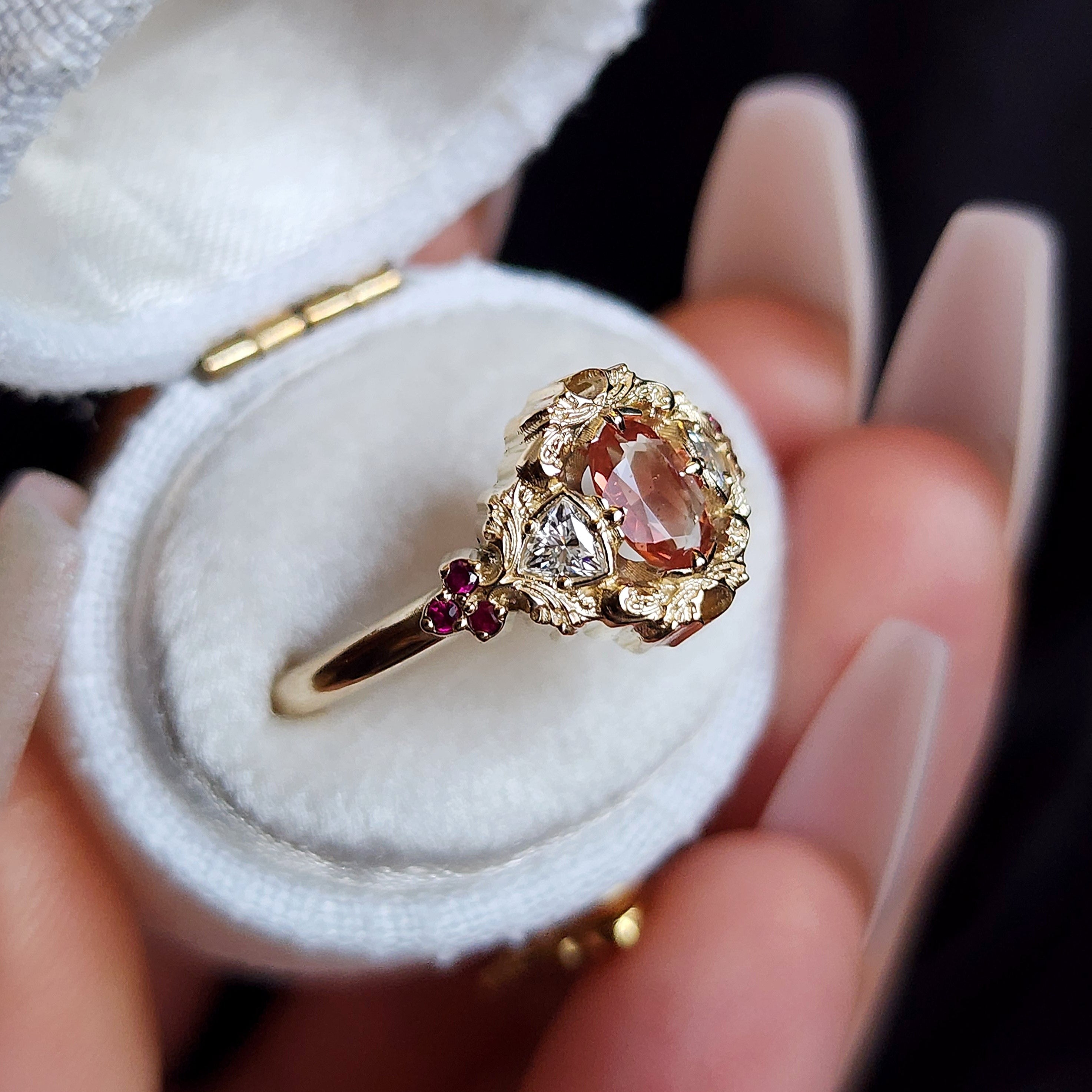 Ophelia Delicate Filigree Engagement Ring - 14k Gold with Trillion Cut Rubies | Elegant Wedding Ring for Proposals, Anniversaries & Special Occasions