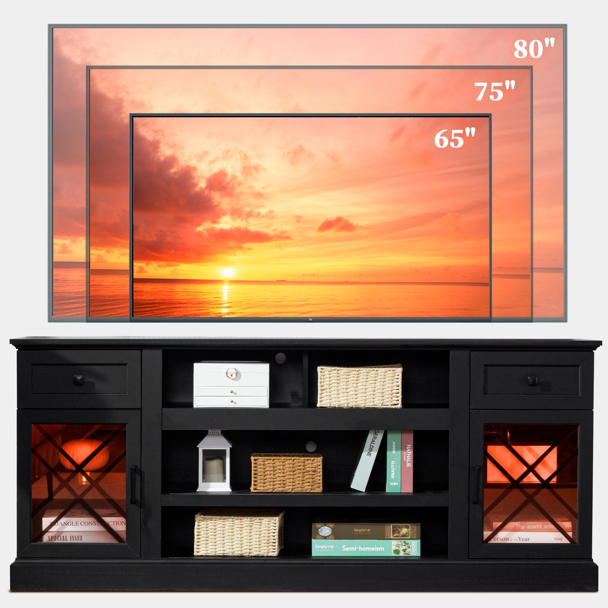 70 Inch Modern Farmhouse TV Stand for 80 Inch TVs - Wooden Entertainment Center with LED Lights & Glass Doors - Living Room & Bedroom Storage Cabinet (Black) | Perfect for Home Theater Setup & Media Organization