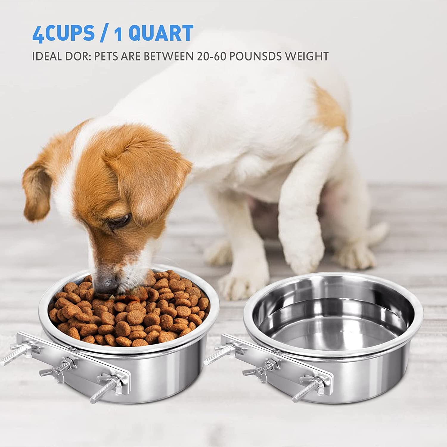 Stainless Steel Hanging Pet Bowl Set - 2 Pack Quick Lock Food & Water Bowls for Dogs, Cats, Birds, Guinea Pigs, Rabbits & Chicken Coops (14-16cm) - Perfect for Kennels, Cages & Crates - Durable & Easy-Clean Silver Pet Dishes