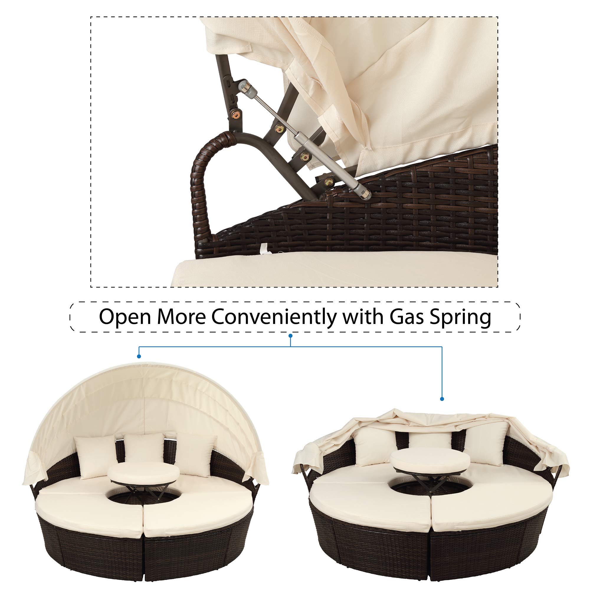 KLMM Outdoor Patio Sectional Sofa Set - Round Rattan Daybed Sunbed with Retractable Canopy, Adjustable Height Table & Footrest (Brown Wicker, Beige Cushion) - Perfect for Backyard, Poolside & Garden Relaxation