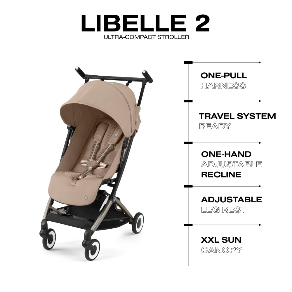 Cybex Libelle 2 Lightweight Travel Stroller - Compact Foldable Baby Stroller for Airplane Carry-On, One-Hand Recline & CYBEX Car Seat Compatible, Almond Beige | Perfect for Air Travel, City Walks & Everyday Use