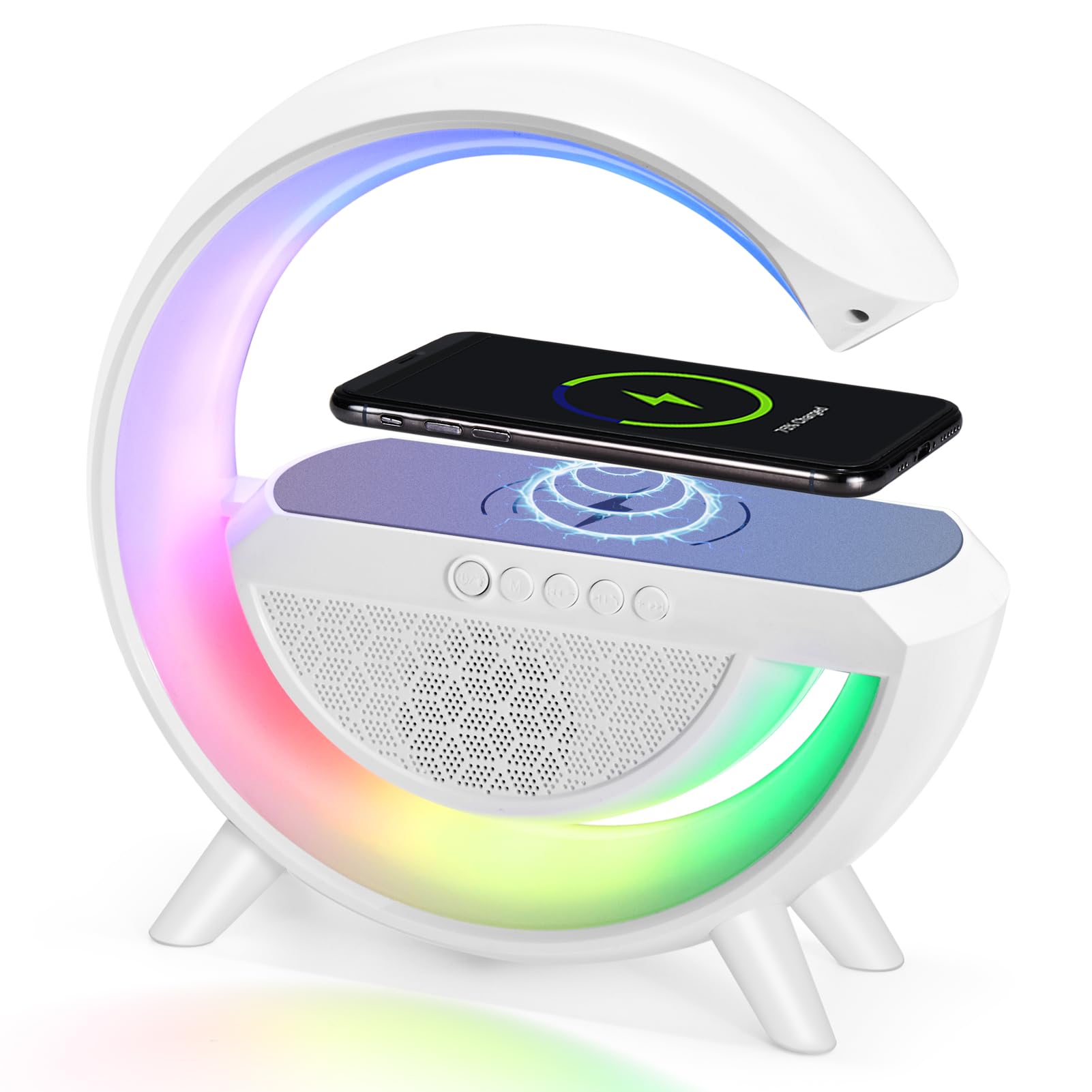Delxo Bluetooth Speaker with Wireless Phone Charger & LED Night Lights - Big G Shape Portable Speaker for Teens & Adults, Perfect for Bedroom, Party, and Outdoor Use - White