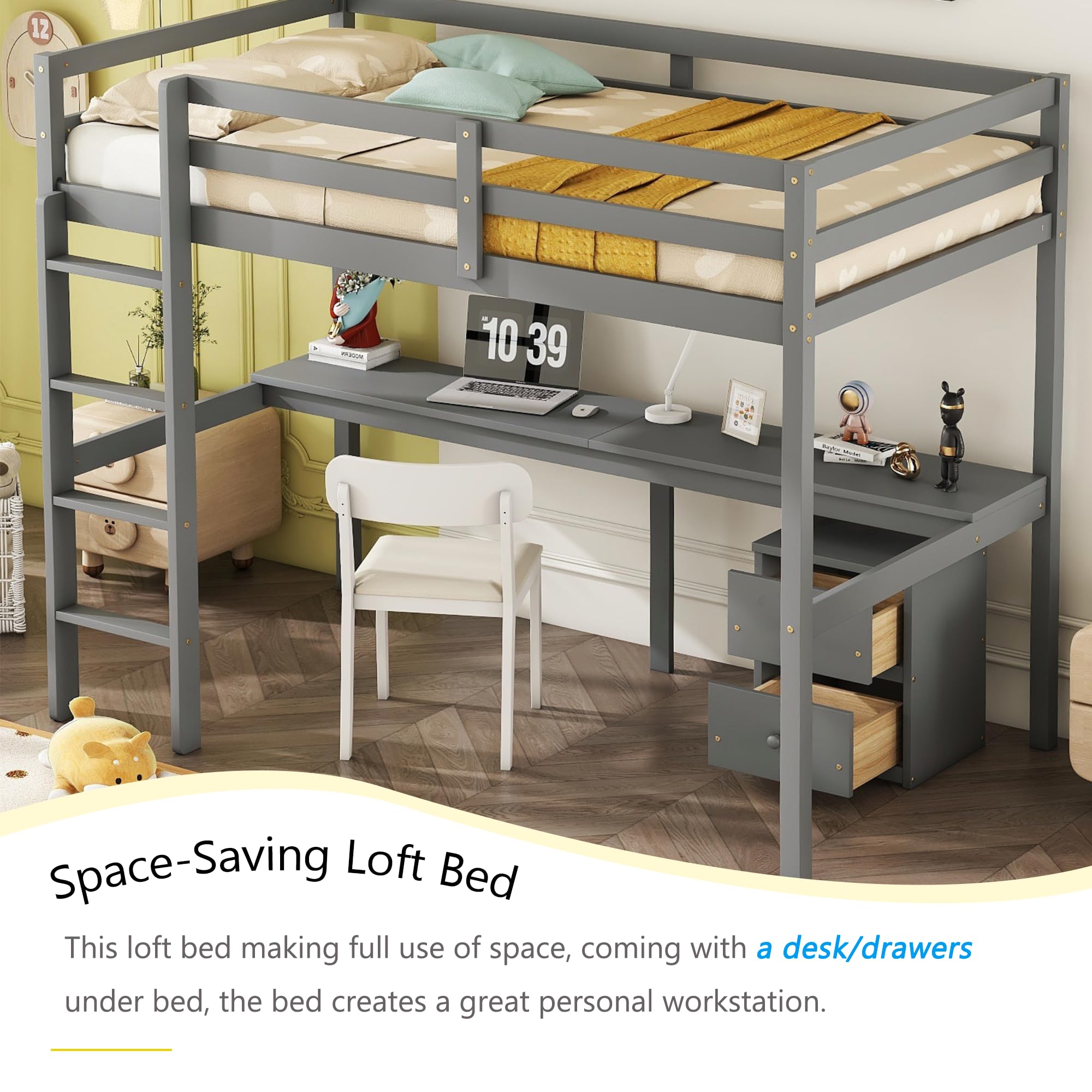 Merax Twin Size Wood Loft Bed with Built-in Desk, 2-Drawer Storage Cabinet, Guardrails & Ladder - Space Saving Bed for Small Bedroom, Dorm or Guest Room (Grey) - Perfect for Study, Sleep & Storage in Compact Spaces