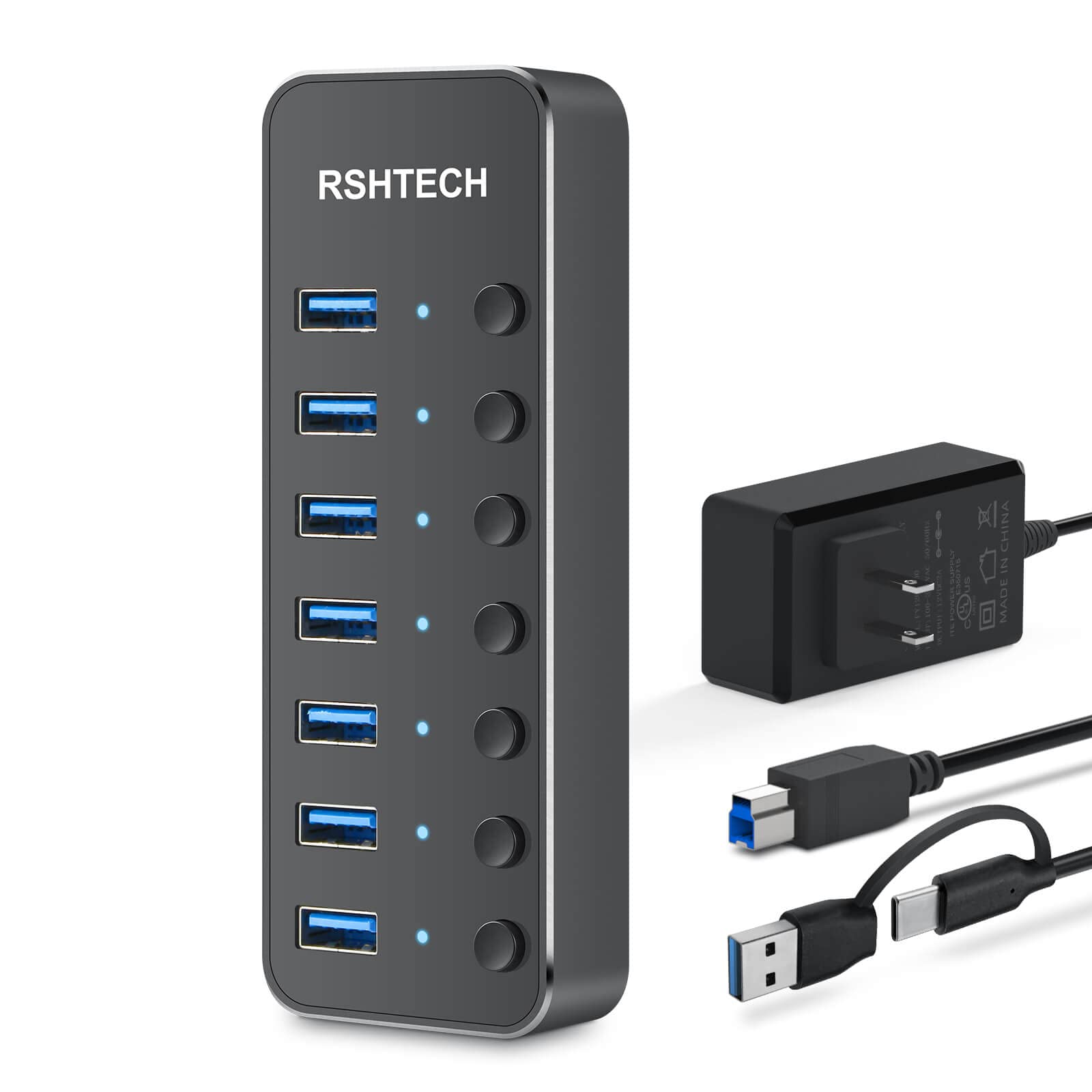 RSHTECH 7-Port USB 3.0 & USB C Hub with 2-in-1 Cable - Aluminum USB Splitter with 5V 3A Power Adapter & Individual Switches - USB Port Expander for Laptop, PC, MacBook - Perfect for Home Office, Gaming & Multi-Device Charging