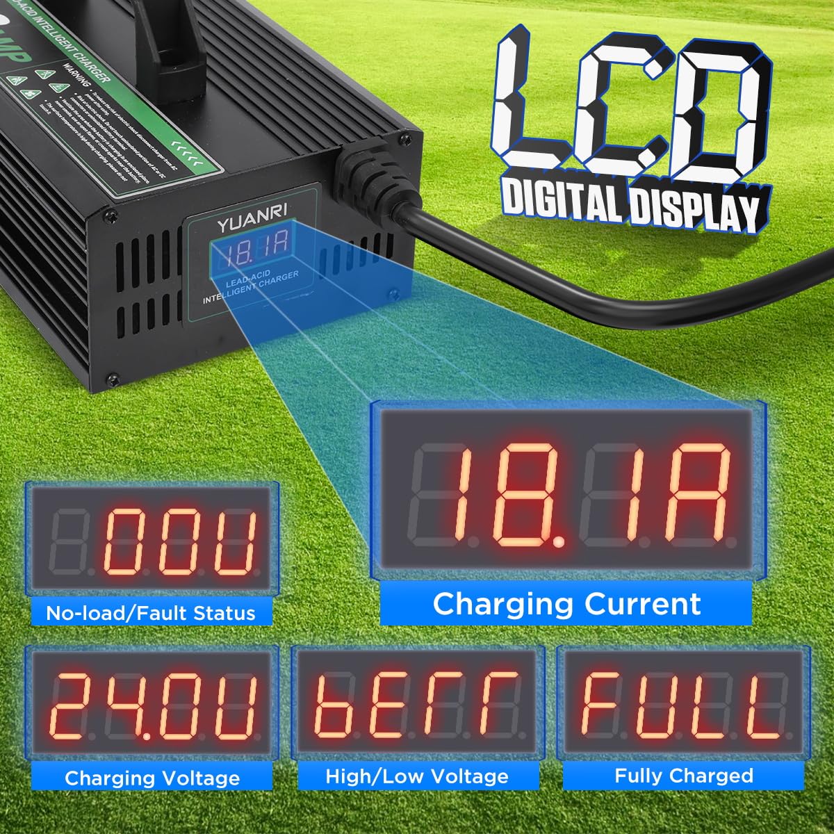 36V EZGO TXT Golf Cart Battery Charger 18 AMP with LCD Display - 16 FT Cable for Lead-Acid Batteries (1996-Present Models) | Perfect for Home, Golf Course & RV Use
