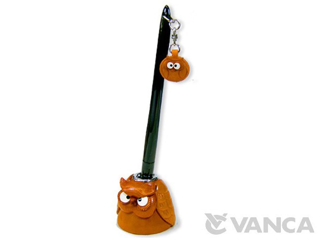 VANCA Handmade Owl Genuine Leather Animal Desk Single Pen Stand - Japanese Craftsmanship for Office & Home Decor