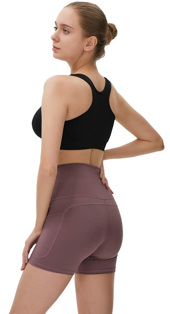 YAKER High Waist Yoga Shorts for Women - 2 Side Pockets & Waistband Pocket - Tummy Control Workout Shorts for Running, Home Exercise & Yoga