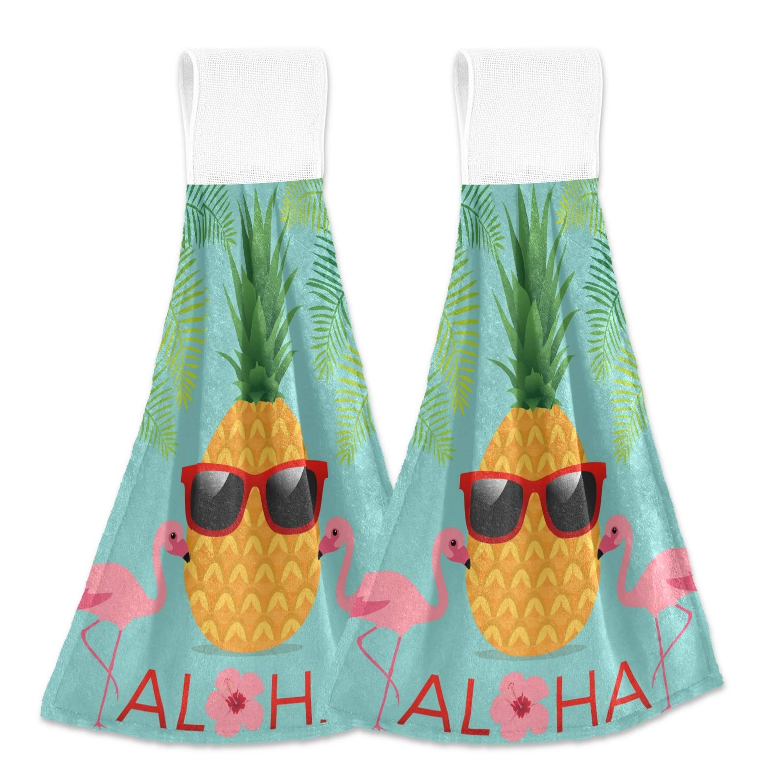 Pineapple & Flamingo Kitchen Towels Set of 2 - 12x17 Inch Soft Absorbent Hand Towels with Hanging Loop - Perfect for Kitchen, Bathroom & Home Decor - Ideal for Drying Dishes, Decorating & Gift Giving