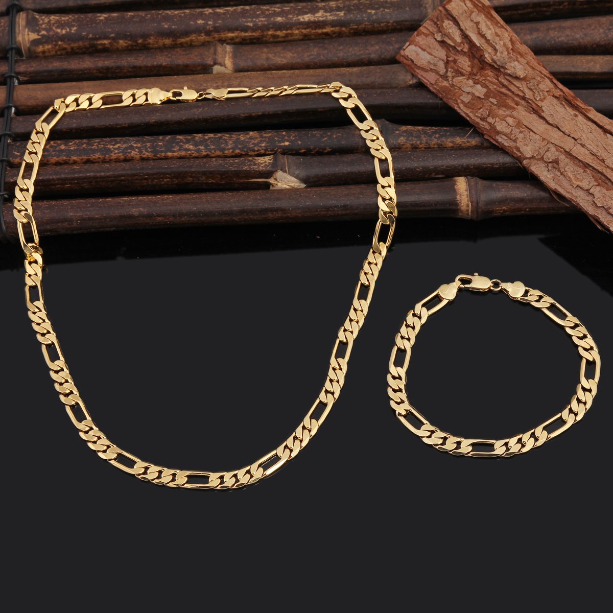 24K Gold Plated Men's Figaro Chain Necklace & Bracelet Set - Durable & Stylish Jewelry for Gifts, Parties, and Everyday Wear