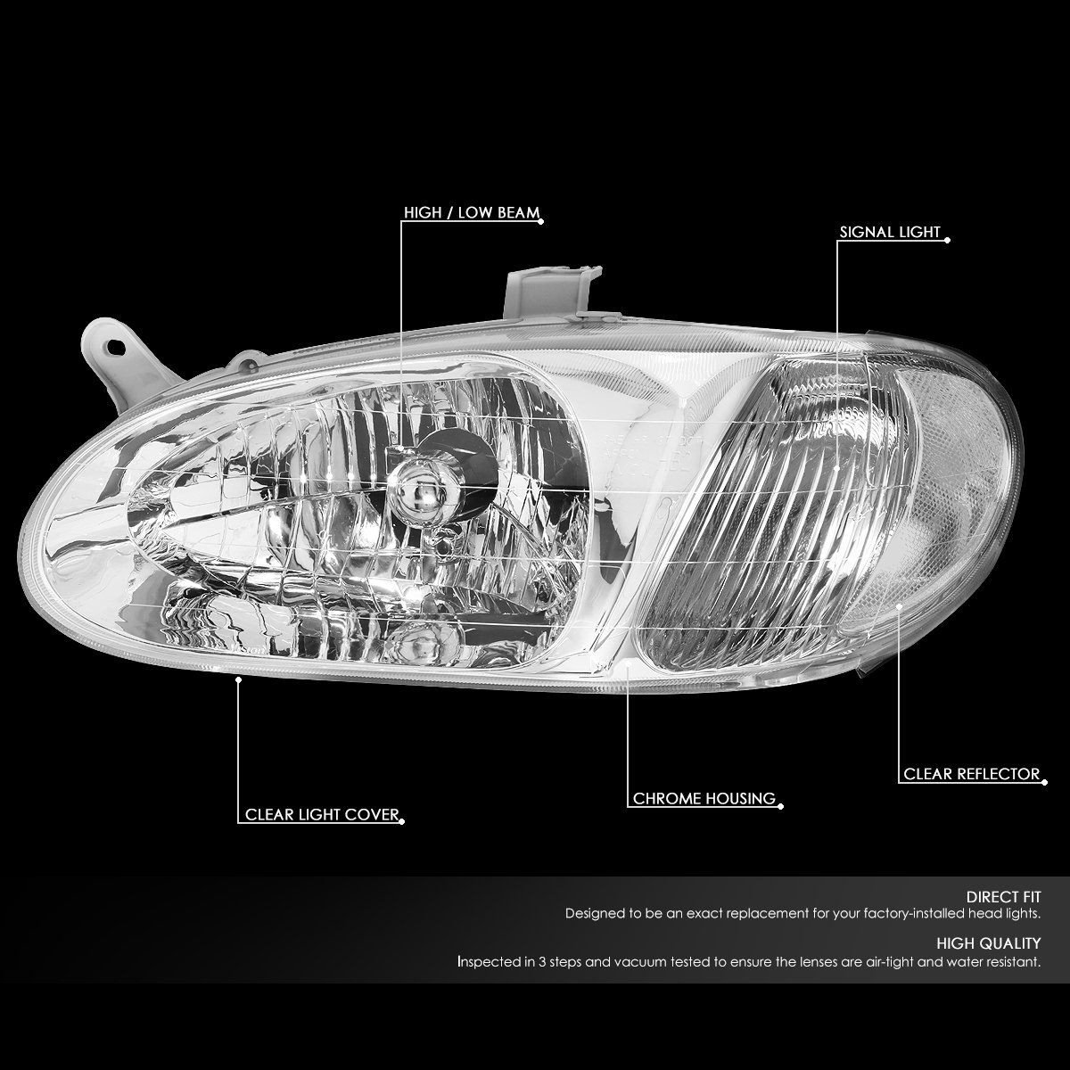 DNA Motoring HL-OH-058-CH-CL1 Chrome/Clear Headlight Pair - Compatible with 1998-2001 Kia Sephia | Replacement Headlights for Improved Night Visibility & Style Upgrade