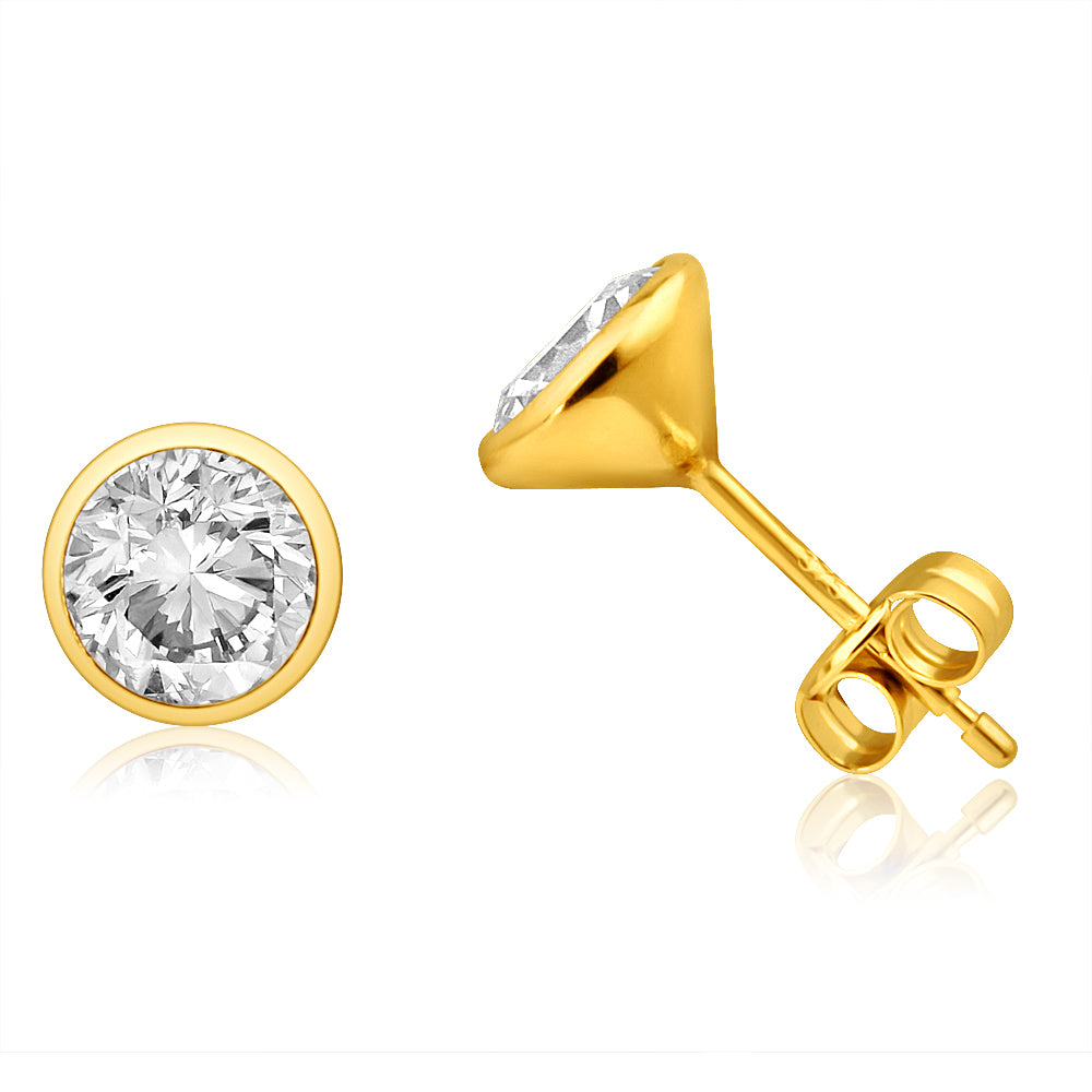 9ct Yellow Gold Bezel Set 6mm Cubic Zirconia Stud Earrings for Women - Elegant Everyday Jewelry for Work, Party & Special Occasions