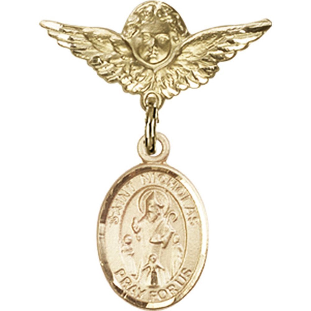 St. Nicholas Gold Filled Baby Badge Pin with Angel Charm - 1 X 3/4 Inch Religious Jewelry for Christening, Baptism & First Communion Gifts