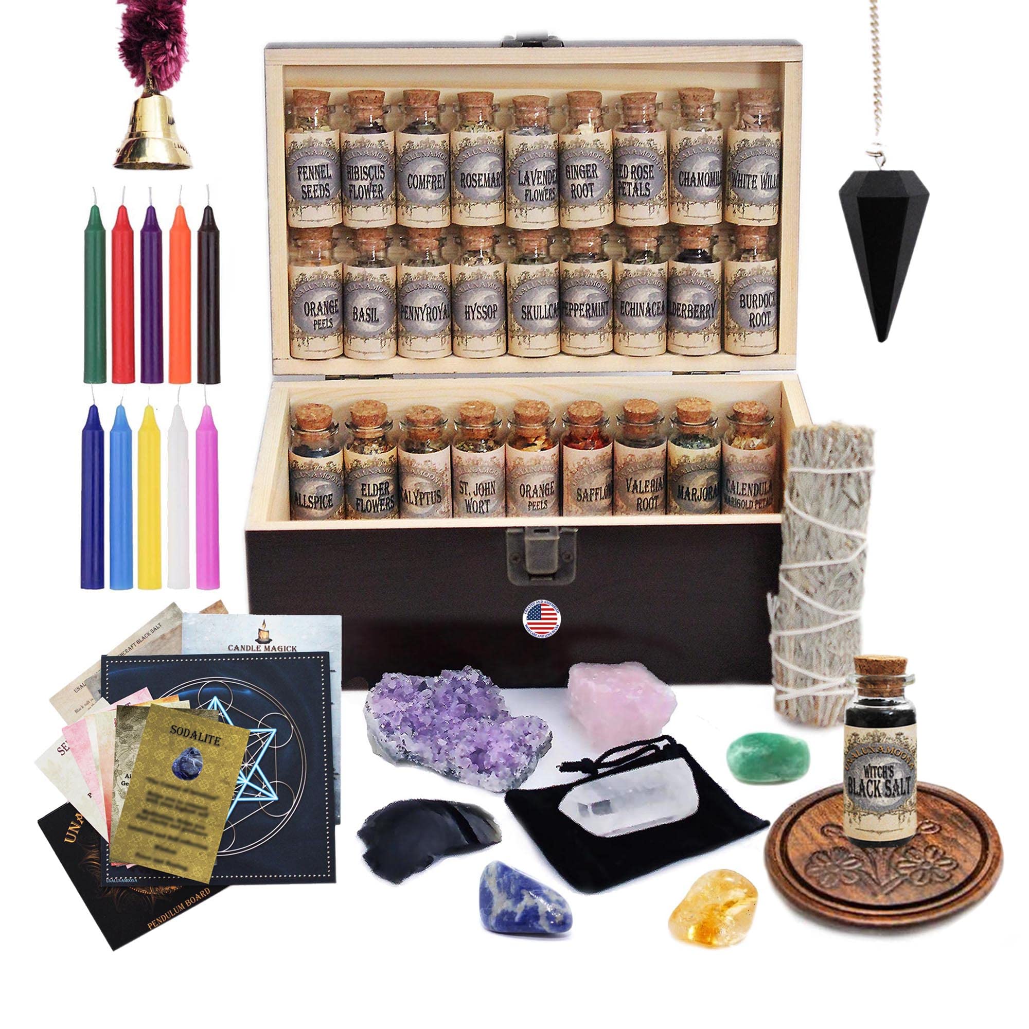 UnaLunaMoona Witchcraft Kit - Wiccan Starter Kit with Crystals, Pendulum & Altar Supplies for Beginners | Perfect for Spells, Rituals & Meditation | Witchcraft Tools, Crystal Grid & Apothecary Set