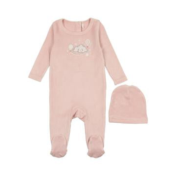 Soft Pink Velour Footie Pajamas for Women - Cozy Cloud Graphic Print Sleepwear for Lounge & Bedtime