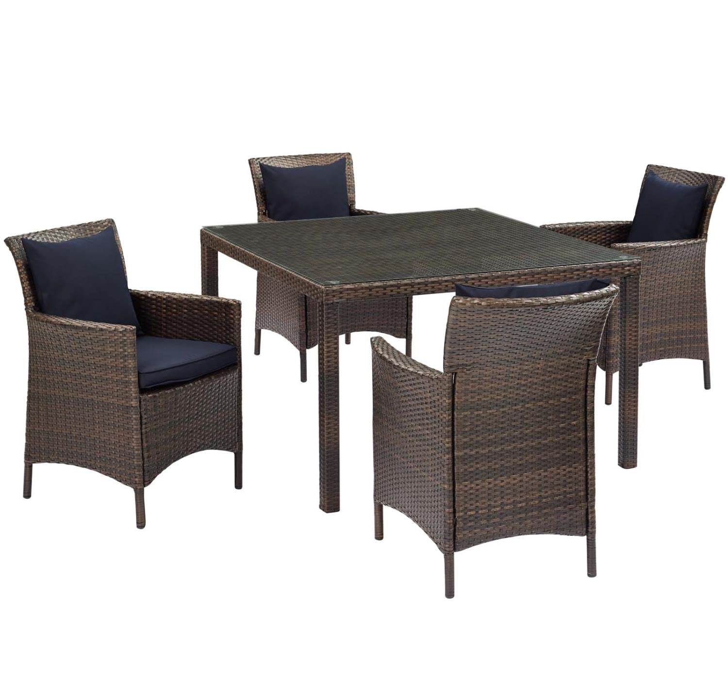 Modway EEI-3893-BRN-NAV-SET 5-Piece Outdoor Patio Dining Set with Cushions - Brown & Navy Weather-Resistant Furniture for Garden, Backyard, Poolside or Deck